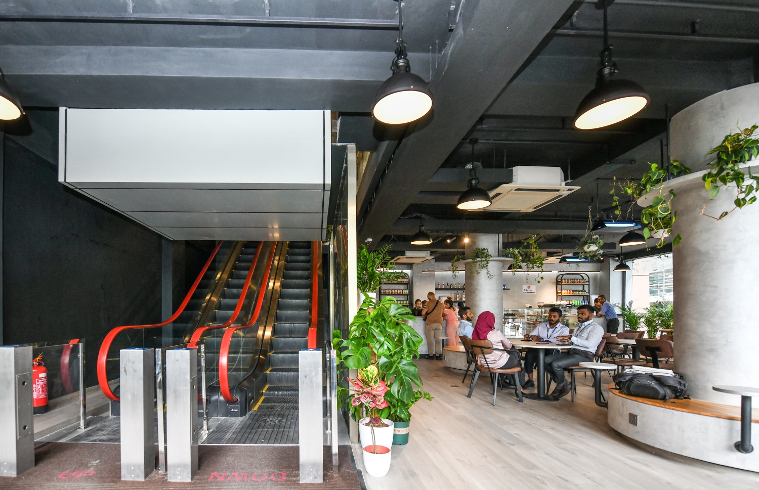 އެސްއެމްއީ ހަބްގެ ފުރަތަމަ ފްލޯއިން ދެވަނަ ފްލޯއަށް އެރުމަށް ހުރި އެސްކެލޭޓަރު: ފުރަތަމަ ފްލޯގައި ހުންނަނީ ކެފޭ އަކާއި ގަސް ވިއްކުމަށް ހާއްސަ ބަޔަކާއި ފޮތް ވިއްކުމަށް ހާއްސަ ކޯނަރު-- ފޮޓޯ: ފަޔާޒް މޫސާ/ މިހާރު