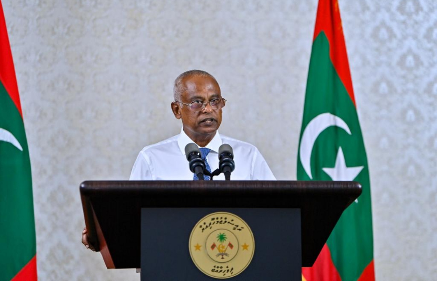 ރައީސް އޮފީހުގައި މިއަދު ބޭއްވި ޕްރެސް ކޮންފަރެންސްގައި ރައީސް އިބްރާހިމް މުހައްމަދު ސޯލިހު ވާހަކަފުޅުދައްކަވަނީ.-- ފޮޓޯ: ރައީސް އޮފީސް