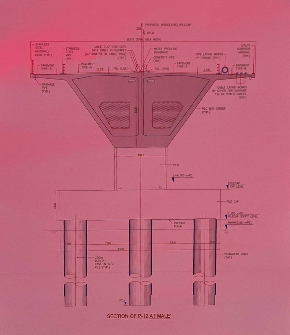 ތިލަމާލެ ބްރިޖުގެ ޕައިލިން އިން ފެށިގެން ސުޕަސްޓްރަކްޗާއާ ހަމައަށް ތަނބެއްގެ ޑިޒައިން އިންނާނެ ގޮތް ދައްކައިދޭ ކުރެހުމެއް -- ފޮޓޯ: މިހާރު