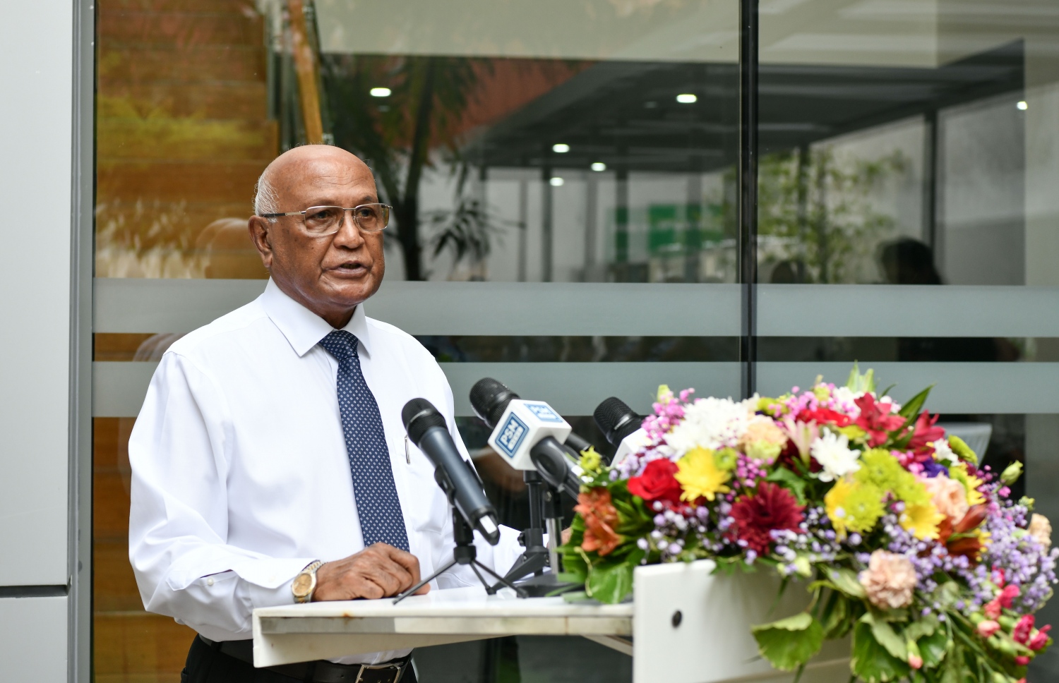 ޓްރީ ޓޮޕް ހޮސްޕިޓަލުން "ޓީޓީއެޗް"ގެ ނަމުގައި ކްލިނިކެއް ހުޅުވުމަށް މިއަދު ބޭއްވި ރަސްމިއްޔާތުގައި ހެލްތް މިނިސްޓަރު ނަސީމް ވާހަކަފުޅު ދައްކަވަނީ.-- ފޮޓޯ: ނިޝާން އަލީ/ މިހާރު