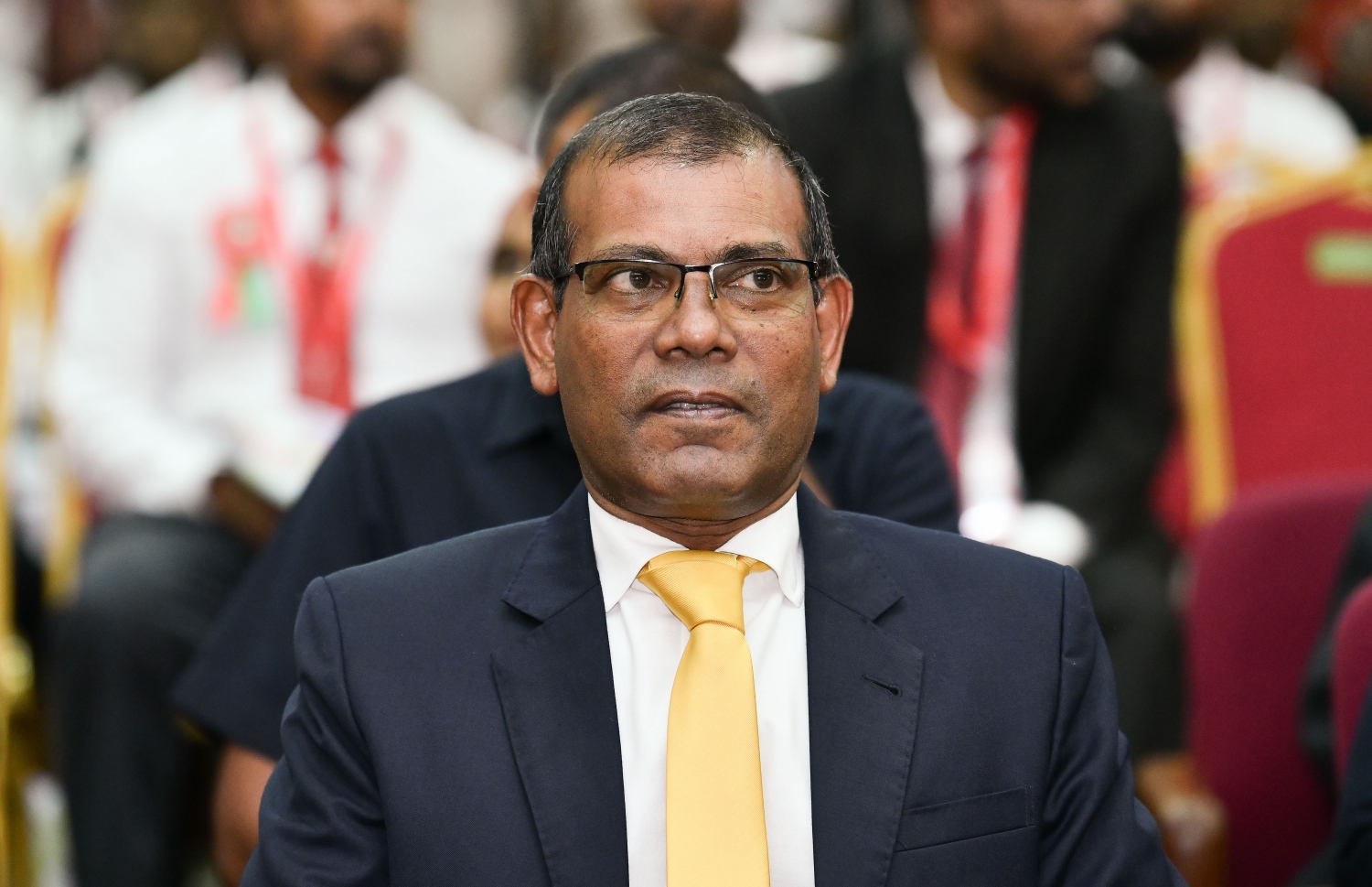 މަޖިލިސް ރައީސް މުހައްމަދު ނަޝީދު ޖުމްހޫރީ ޕާޓީގެ ކޮންގްރެސް ފެށުމަށް ބޭއްވި ޖަލްސާގައި ބައިވެރިވެ ވަޑައިގަންނަވަނީ -- ފޮޓޯ: ނިޝާން އަލީ | މިހާރު