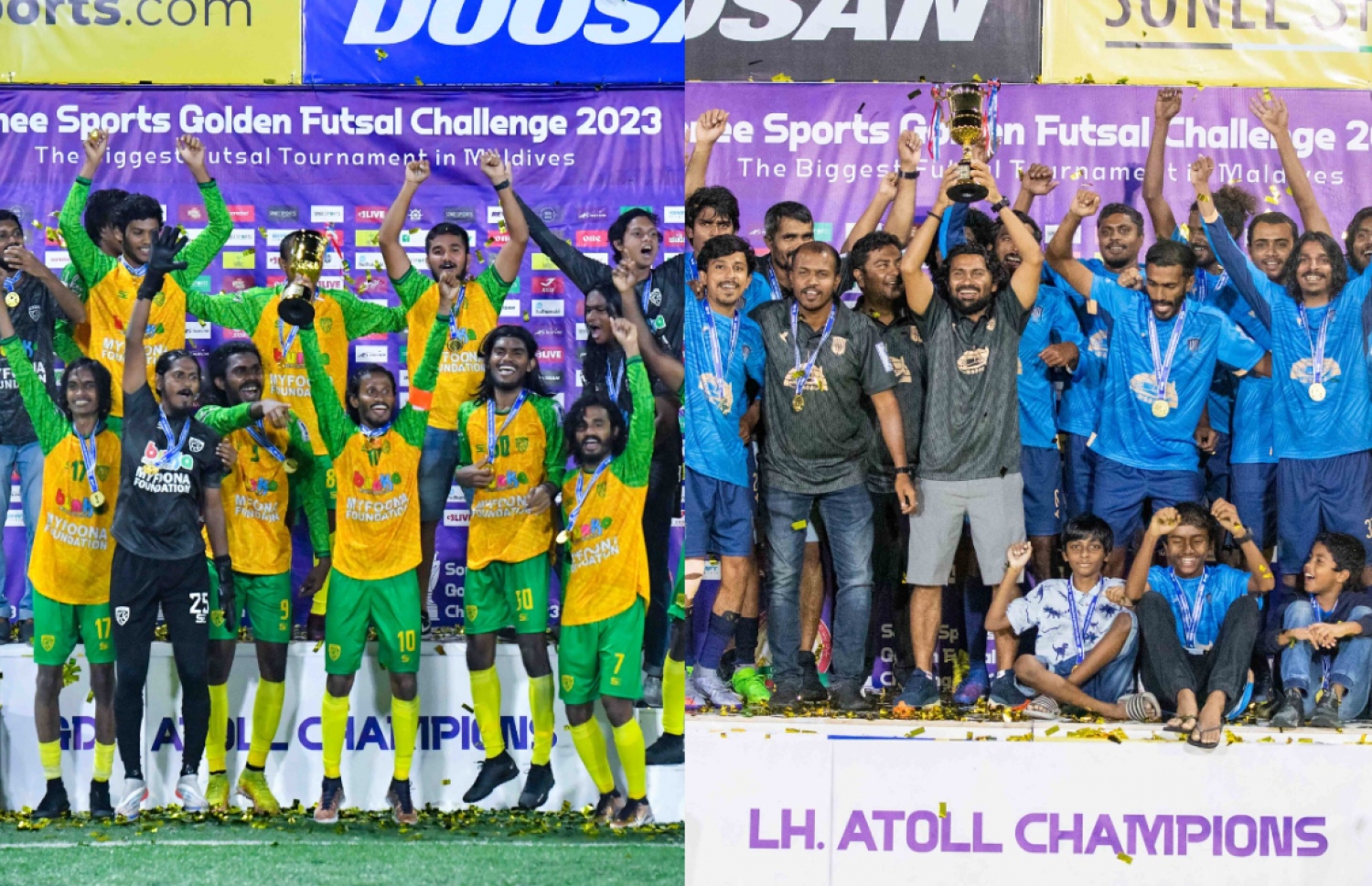 ޅ. އަތޮޅުގެ ޗެމްޕިއަން ކުރެންދޫ (ކ) އަދި ގދ. އަތޮޅު ޗެމްޕިއަންކަން ހޯދި ވާދޫ.-- ފޮޓޯ: ގޯލްޑަން ފުޓްސަލް އެސޯސިއޭޝަން/ އިމޭޖަސް އެމްވީ