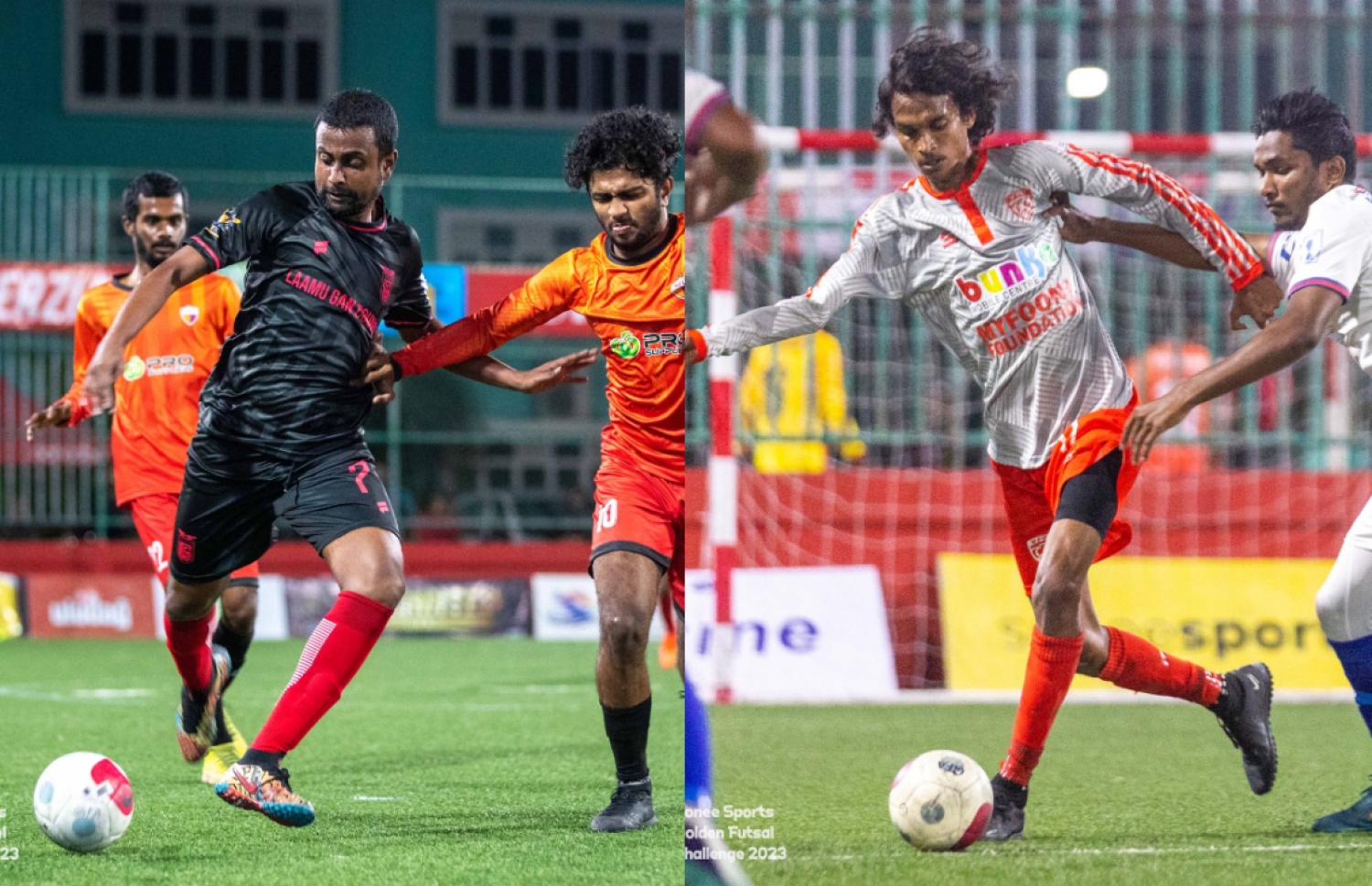 ވާދޫ ޓީމުގެ މުސައްނިފް (ކ) އަދި ގަން ޓީމުގެ އަހުމަދު ހަލީމް (ވ)، ވާދޫ އާއި ގަން ވެސް ވަނީ ރޭ ޒޯން ބުރުގައި ފުރަތަމަ މޮޅު ހޯދާފައި. -- ފޮޓޯ: ގޯލްޑަން ފުޓްސަލް އެސޯސިއޭޝަން/ އިމޭޖަސް އެމްވީ