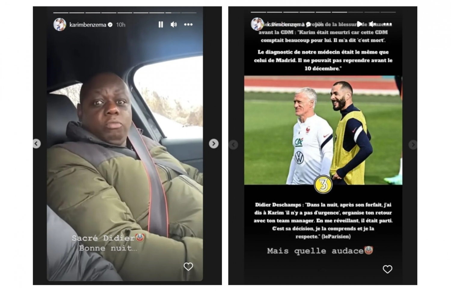 ބެންޒެމާގެ އިންސްޓަގްރާމް ސްޓޯރީތަކުގެ ސްކްރީންޝޮޓެއް.