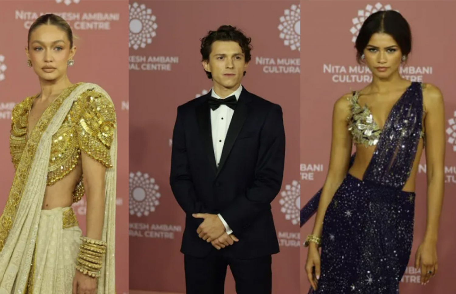 ހޮލީވުޑްގެ ތަރިން ޒެންޑޭޔާ (ކ) އާއި ޓޮމް ހޮލެންޑު (މ) އަދި ސުޕަ މޮޑެލް ގިގީ ހަދީދް (ވ)