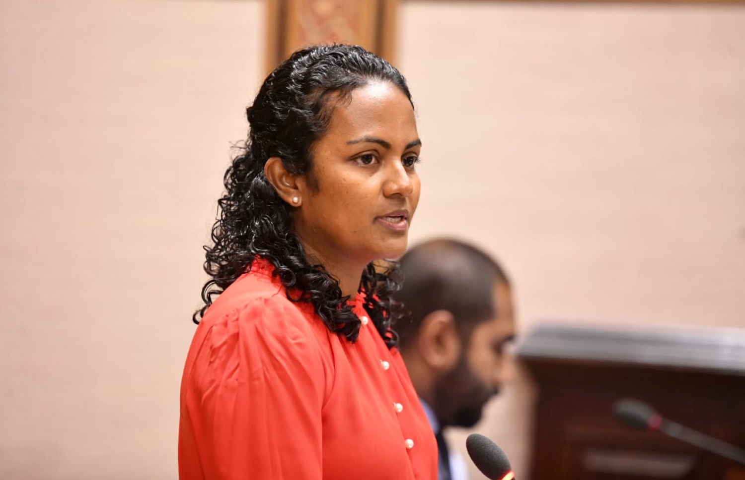 ރައްޔިތުންގެ މަޖިލީހުގައި މިނިސްޓަރު ޝައުނާ ވާހަކަ ދައްކަވަނީ --ފޮޓޯ: މަޖިލިސް