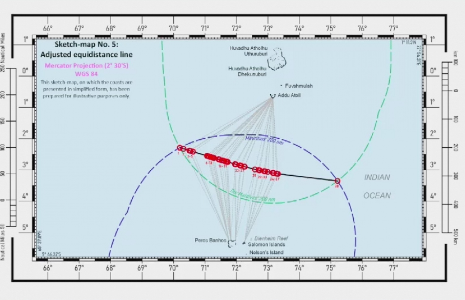ޗާގޯސް އަށް ހިނގާނީ މޮރިޝަސްގެ ބާރު ކަމަށް އިޓްލޮސް އިން ކަނޑައަޅައި، ރާއްޖެ އާއި މޮރިޝަސްއާ ދެމެދު ކަނޑުގެ ސަރަހައްދުން ފުށުއަރާ ސަރަހައްދު ބަހާލި ގޮތް.
