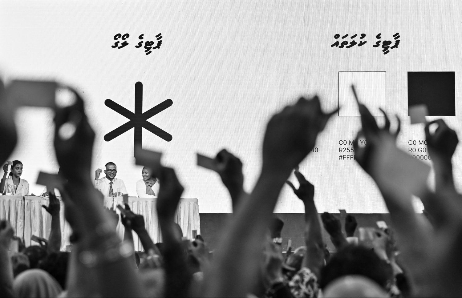 "ދަ ޑިމޮކްރެޓްސް" އުފެއްދުމަށް ބޭއްވި ޖަލްސާގައި އެޕާޓީގެ މެމްބަރުން ވޯޓު ދެއްވަނީ، މިރޭގެ ޖަލްސާގައި ވަނީ އެޕާޓީގެ ނަމާއި ލޯގޯ ފާސްކޮށްފައި - ފޮޓޯ: ނިޝާން އަލީ | މިހާރު