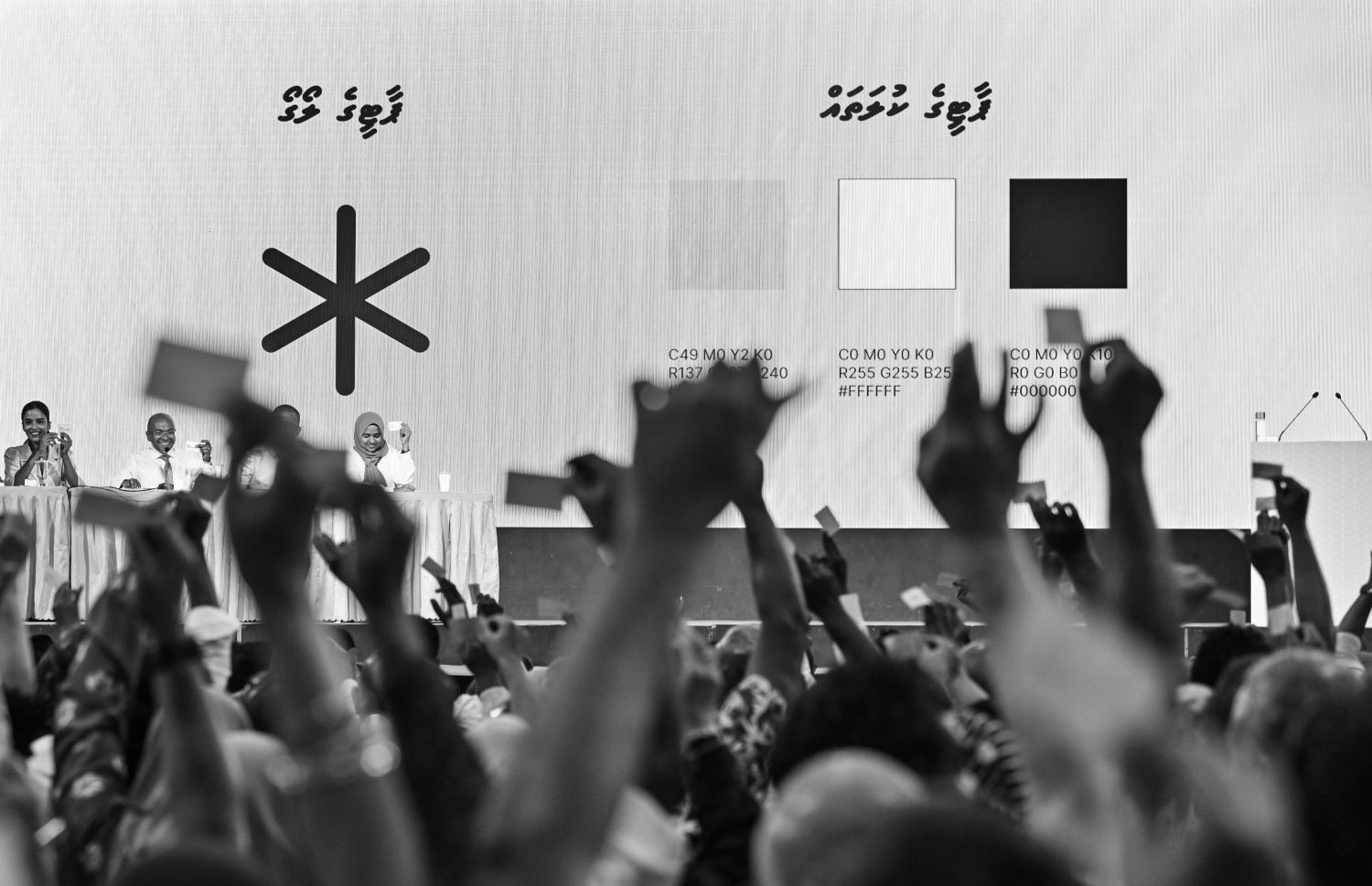 "ދަ ޑިމޮކްރެޓްސް" އުފެއްދުމަށް ބޭއްވި ޖަލްސާގައި އެޕާޓީގެ މެމްބަރުން ވޯޓު ދެއްވަނީ، މިރޭގެ ޖަލްސާގައި ވަނީ އެޕާޓީގެ ނަމާއި ލޯގޯ ފާސްކޮށްފައި - ފޮޓޯ: ނިޝާން އަލީ | މިހާރު