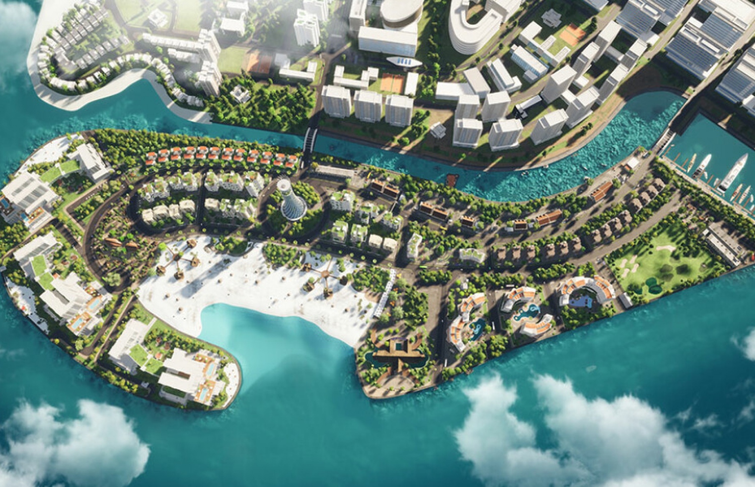 ހުޅުމާލެ 2 ގައި ހަދާ "އާބަން އައިލް"ގެ ޕްރޮޖެކްޓު ނިމުމުން އެ ސަރަހައްދު އޮންނާނެ ގޮތް ދައްކައިދޭ ތްރީޑީ ޑިޒައިން.