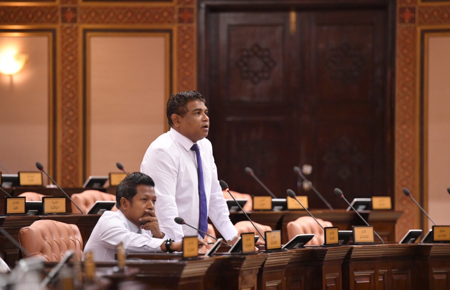 މަޖިލީހުގެ ޖަލްސާއެއްގައި މާފަންނު މެދު ދާއިރާގެ މެމްބަރު އިބްރާހިމް ރަޝީދު (ބޮންޑޭ) ވާހަކަ ދައްކަވަނީ. --ފޮޓޯ: މަޖިލީހުގެ އިދާރާ