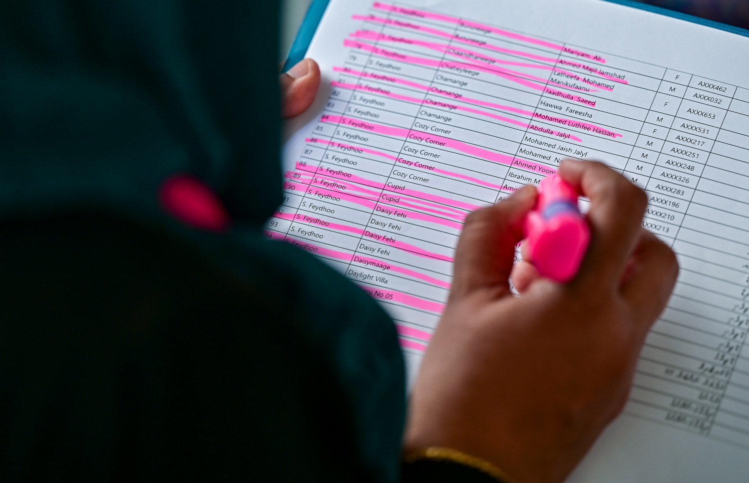 ރިޔާސީ އިންތިހާބުގެ ދެ ވަނަ ބުރުގައި ވޯޓުލަމުންދާއިރު، އޮފިޝަލަކު ވޯޓާސްލިސްޓް ޗެކުކުރަނީ.-- ފޮޓޯ: ފަޔާޒް މޫސާ /މިހާރު