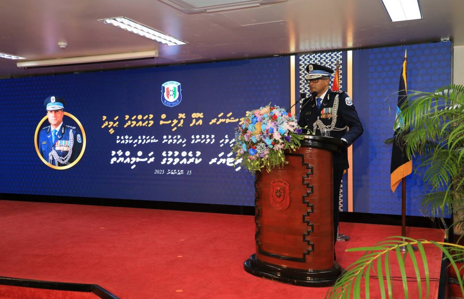 ޕޮލިސް ކޮމިޝަނަރު ހަމީދު، ފުލުހުންގެ ހިދުމަތުން ރިޓަޔާކުރެއްވުމަށް މިއަދު ބޭއްވި ރަސްމިއްޔާތުގައި، އޭނާ ވާހަކަދައްކަވަނީ.-- ފޮޓޯ: ޕޮލިސް