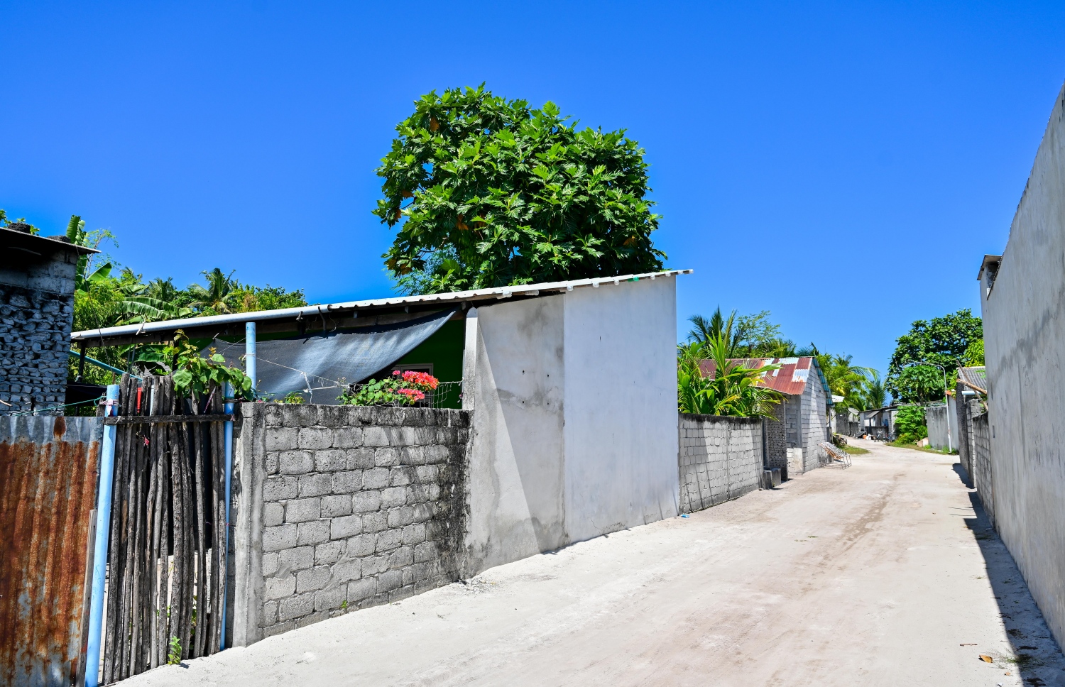 ބޭރު ފާރުގައި ސިމެންތި ޖަހައި، ކޮންމެވެސް ވަރަކަށް އިމާރާތް ކޮށްފައިވާ ގެއެއް. މި ރަށުގައި އަދިވެސް ގިނައީ އިހުގައި ގަލުން ހަދާފައި ވާ ގެތައް -- ފޮޓޯ: ފަޔާޒު މޫސާ | މިހާރު