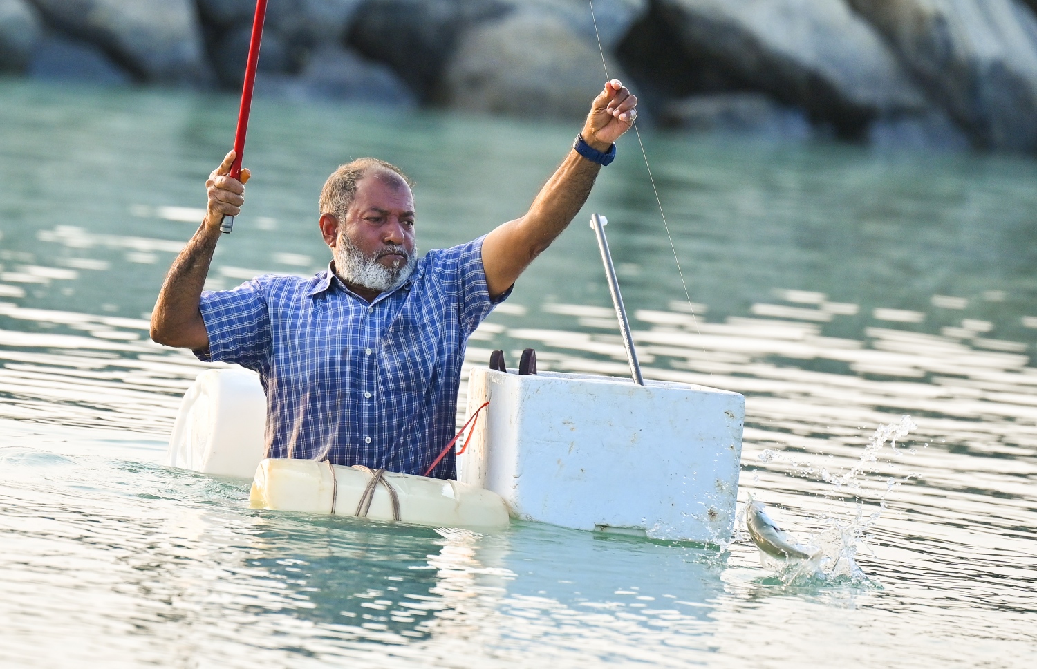 މުށިމަސް ބާނަން މޫދުގައި އޮތް މީހަކު މަހެއް ބާނައި ފުޅިމެދު ފޮށިގަނޑަށް ލާން މަސައްކަތްކުރަނީ -- ފޮޓޯ: ފަޔާޒު މޫސާ | މިހާރު