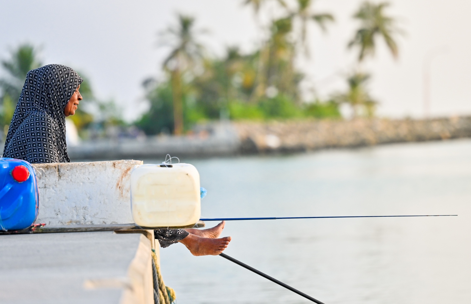 ފީވަކު އަންހެނަކު ބަނދަރުގައި މުށިމަހާ ކޮރަކަލި ބާނަން މޫދަށް ދޮށި އެއްލައިގެން: މި މީހާއަކީ ކޮންމެ ދުވަހަކު ހެނދުނާއި ހަވީރު ވެސް ބަނދަރު ސަރަހައްދަށް މަސް ބާނަންދާ މީހެއް -- ފޮޓޯ: ފަޔާޒު މޫސާ | މިހާރު