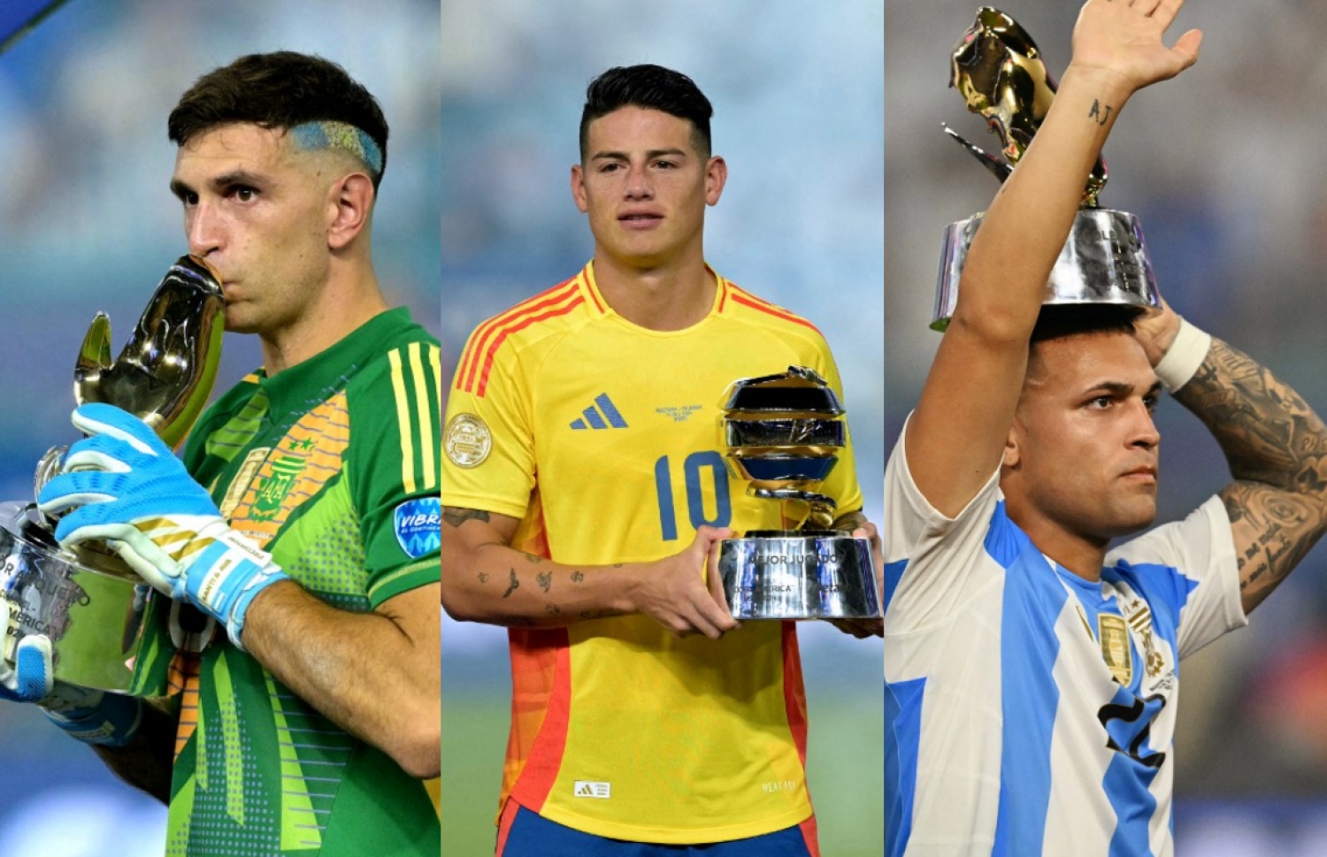 އެންމެ ގިނަ ގޯލު ޖެހި ލައުޓާރޯ މާޓިނޭޒް (ކ)، އެންމެ މޮޅު ކުޅުންތެެރިއަކަށް ހޮވުނު ހަމޭސް (މ) އަދި އެންމެ މޮޅު ގޯލްކީޕަރު އެމިލިއާނޯ މާޓިނޭޒް.-- ފޮޓޯ: އޭއެފްޕީ