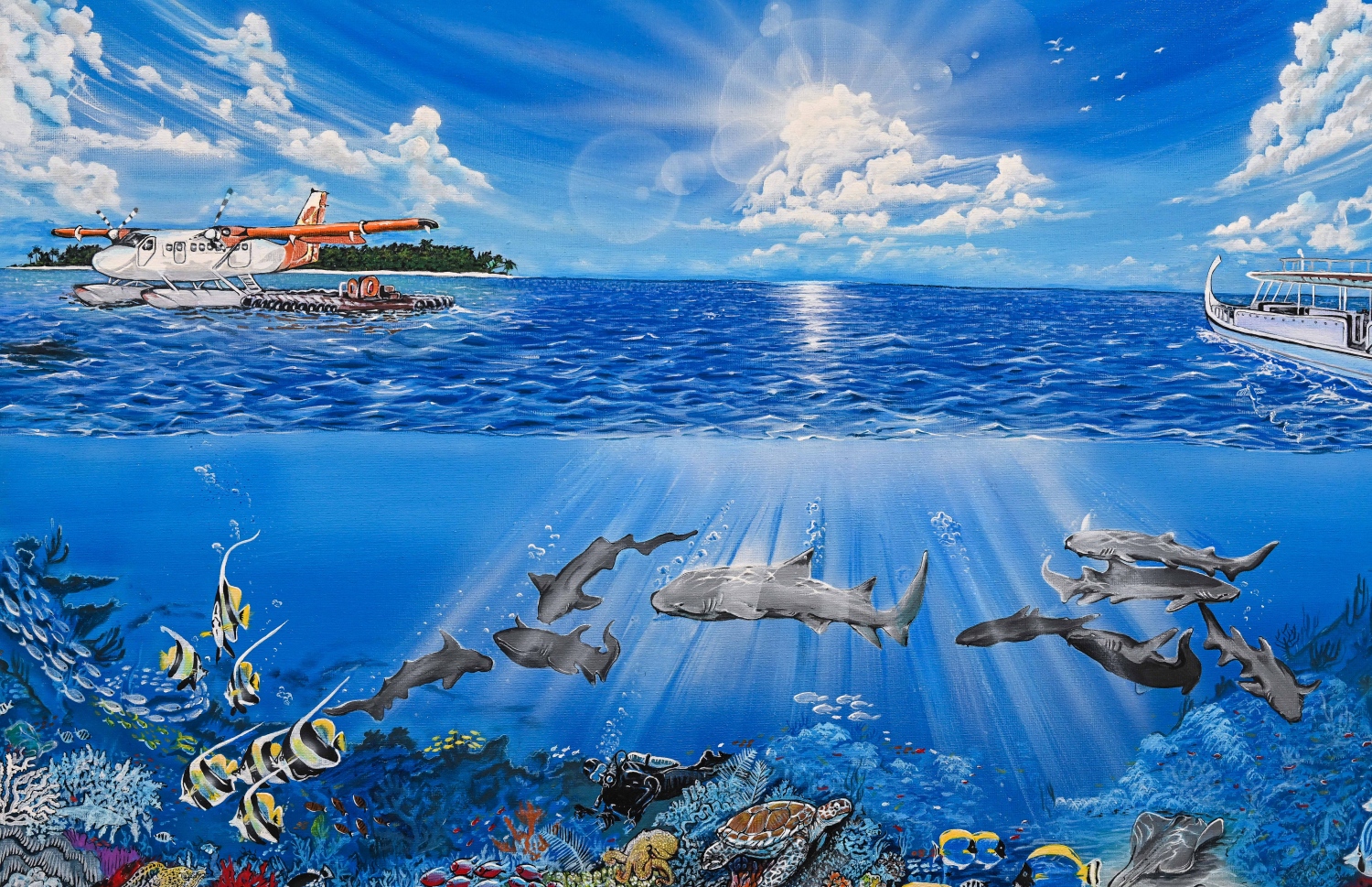 "އަންވެއިލިން ވިޝަން 2024" ގެ ނަމުގައި އާޓް ގެލަރީގައި ކުރިޔަށް ގެންދިޔަ އެގްޒިބިޝަންގައި ފަންނުވެރިޔަކު ކުރަހާފައިވާ ރާއްޖޭގެ ގުދުރަތީ ރީތިކަން ދައްކުވައިދޭ ކުރެހުމެއް -- ފޮޓޯ: ފަޔާޒު މޫސާ | މިހާރު