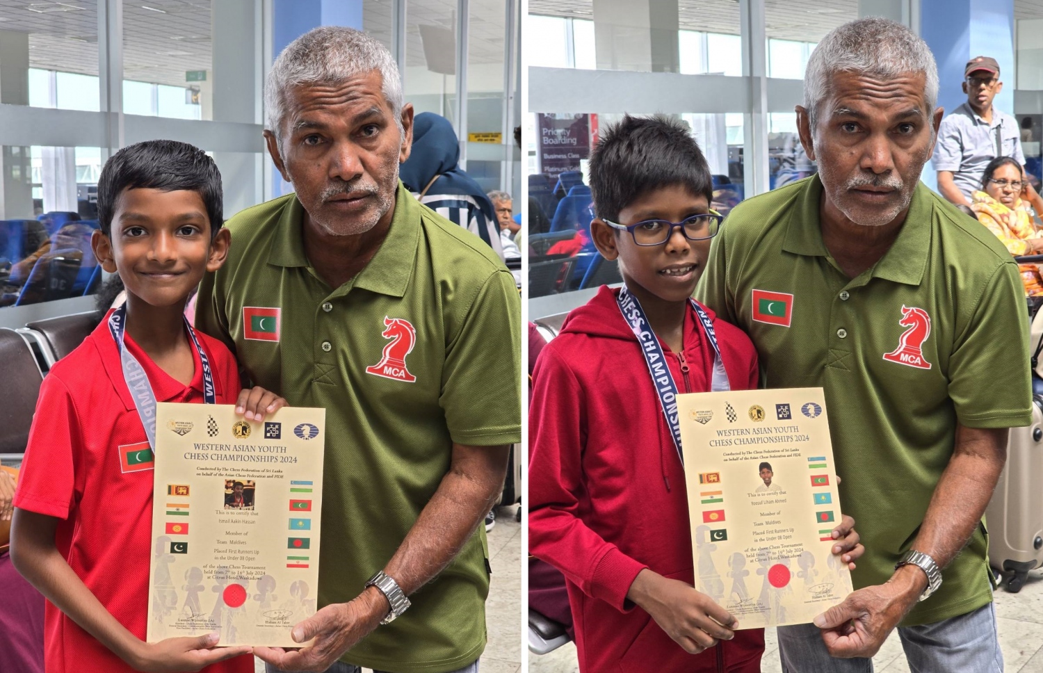 ރާއްޖެ އަށް ލޯ މެޑަލް ހޯދައިދިން ޔޫސުފް ލިހާމް އަހުމަދު (ކަނާތް ފަރާތު ފޮޓޯގައި) އާއި އިސްމާއީލް އާކިން ހަސަން ޗެސް އެސޯސިއޭޝަނުގެ އިސް އޮފިޝަލް ނޫހުއާ އެކު.