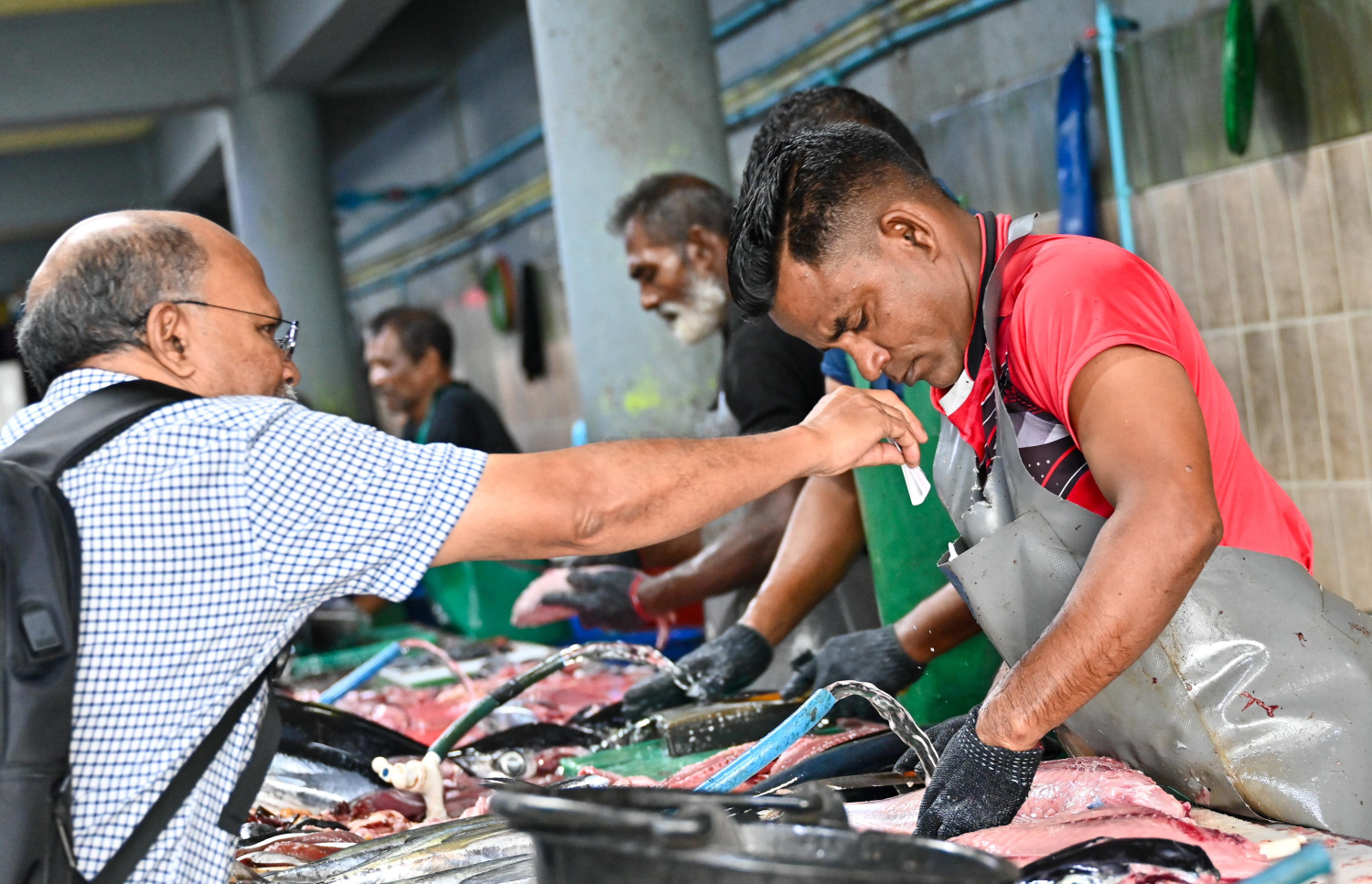 މާލޭ މަސްމާރުކޭޓުގައި މަސް ކަނޑާ މީހަކަށް މީހަކު ރުފިޔާ ދެނީ.-- ފޮޓޯ: ނިޝާން އަލީ | މިހާރު
