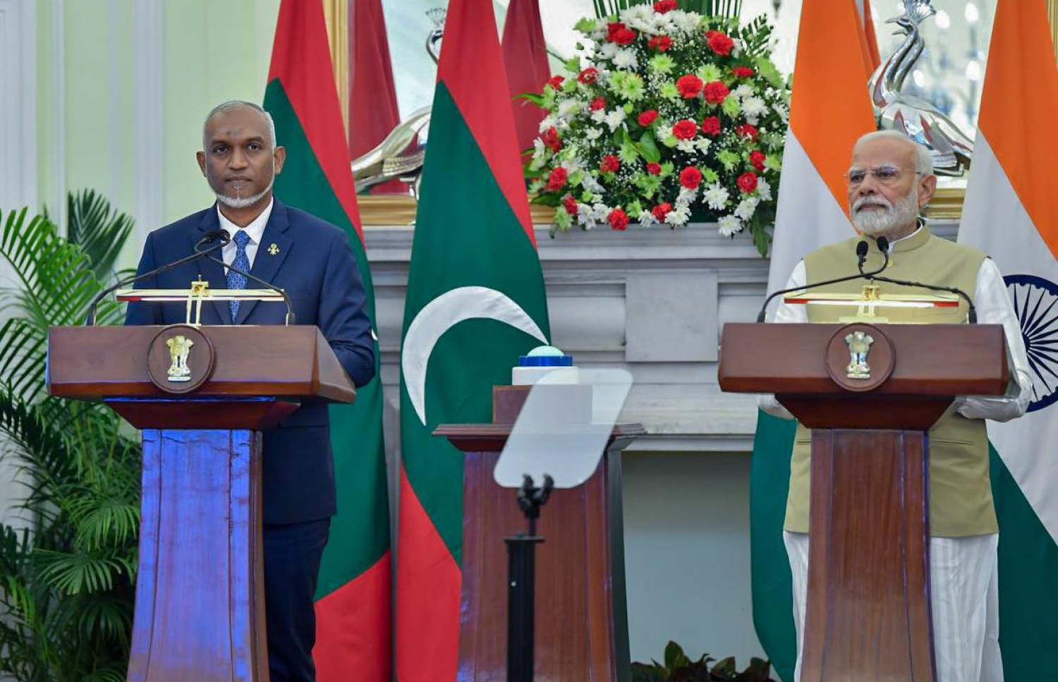 ރައީސް ޑރ. މުހައްމަދު މުއިއްޒާއި އިންޑިއާގެ ބޮޑުވަޒީރު ނަރެންދުރަ މޯދީ ޕްރެސް ސްޓޭޓްމެންޓް ދެއްވުން.--- ފޮޓޯ | ރައީސް އޮފީސް