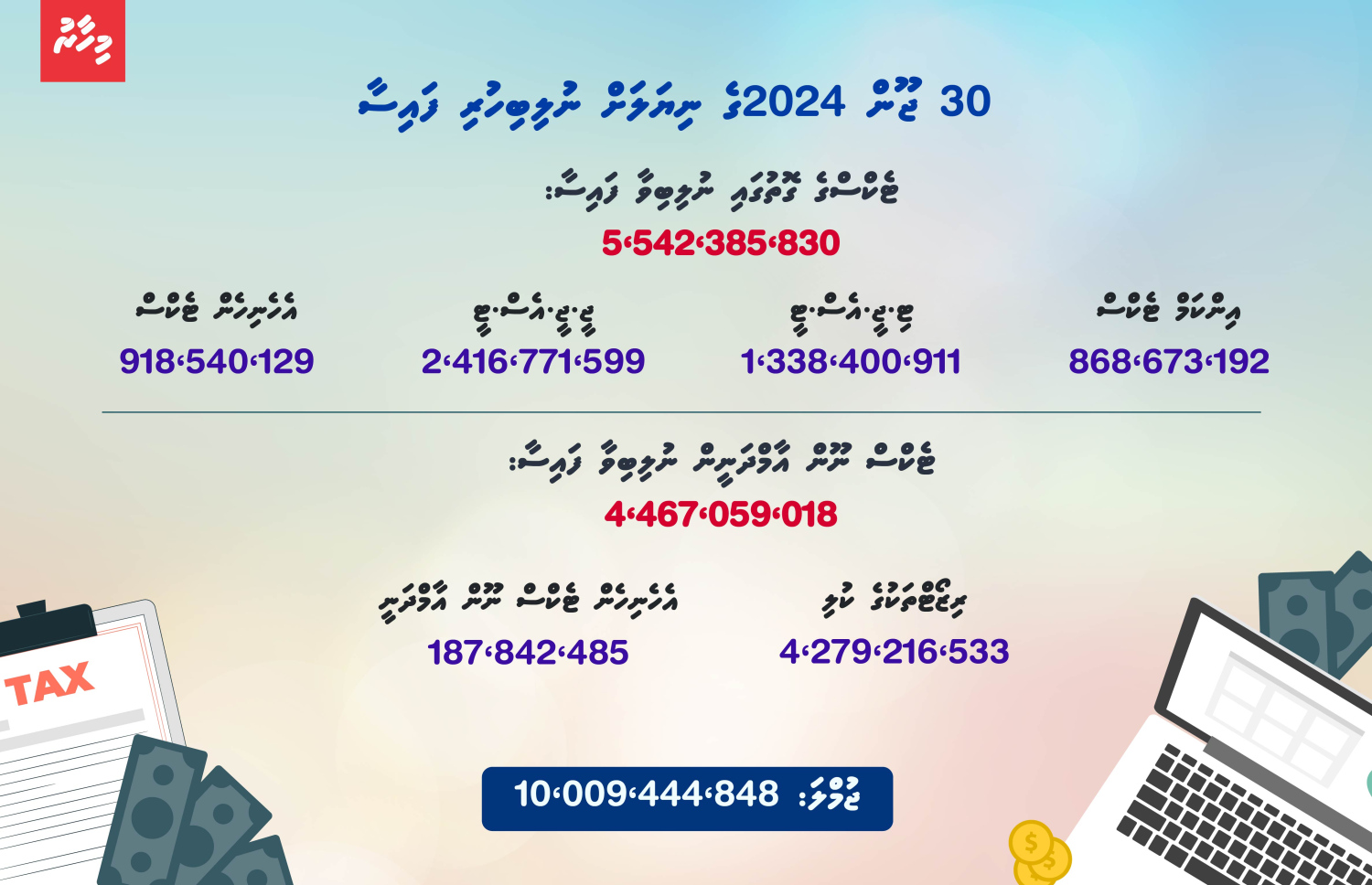 ޓެކްސް ނުދައްކާ އަދަދުތަކުގެ ތަފްސީލު. -- މިހާރު