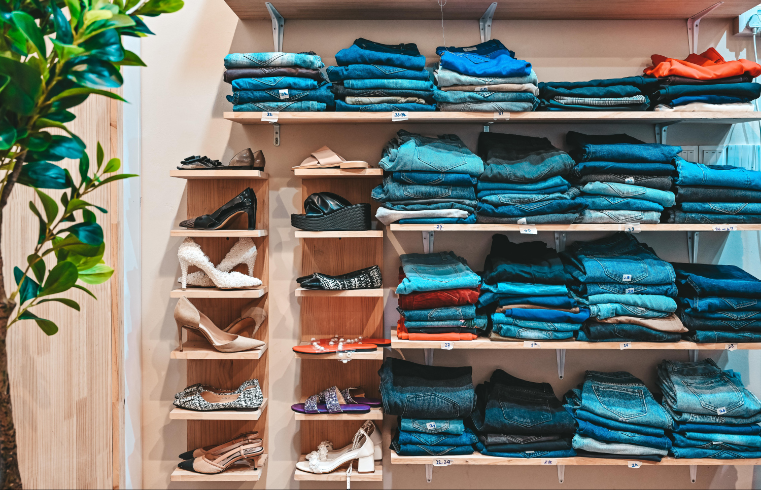 'ރީސޭލްވޭވް' ފިހާރައިގައި ހުރި ޖީންސްތަކާއި ފައިވާން. -- ފޮޓޯ: ފަޔާޒު މޫސާ | މިހާރު