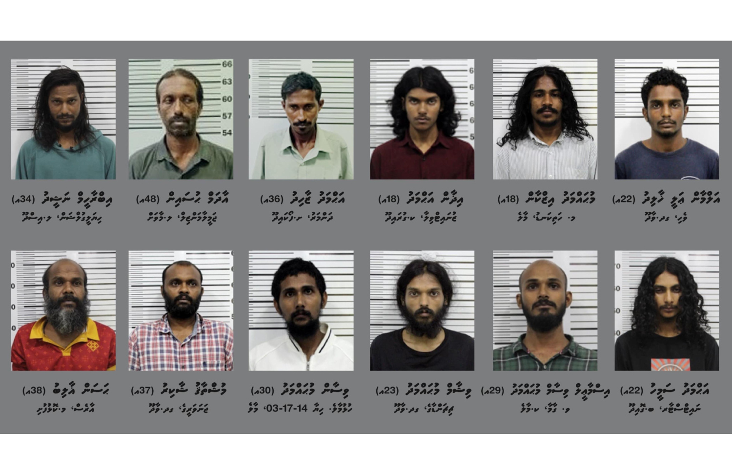 ހިޔާ ފްލެޓެއްގެ ތެރޭގައި މީހަކު ރަހީނުކުރި މައްސަލާގައި ހައްޔަރުކުރި 12 މީހުން.---ފޮޓޯ: ޕޮލިސް