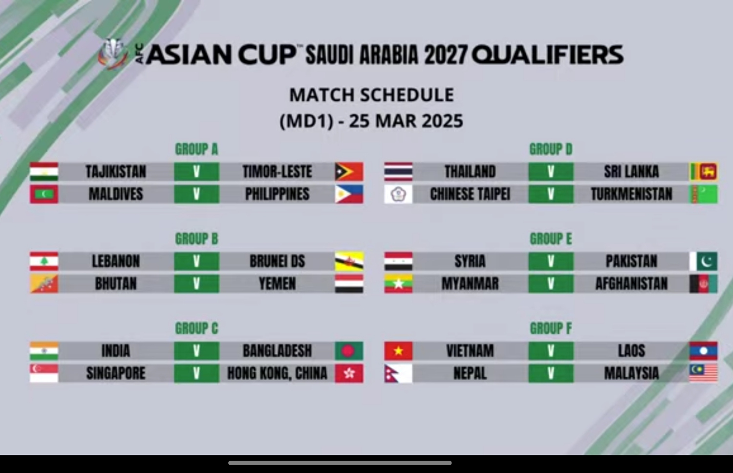 އޭޝިއަން ކަޕް ކޮލިފައިން ތިންވަނަ ބުރުގެ ފުރަތަމަ ދުވަހުގެ މެޗު ޝެޑިއުލް.--