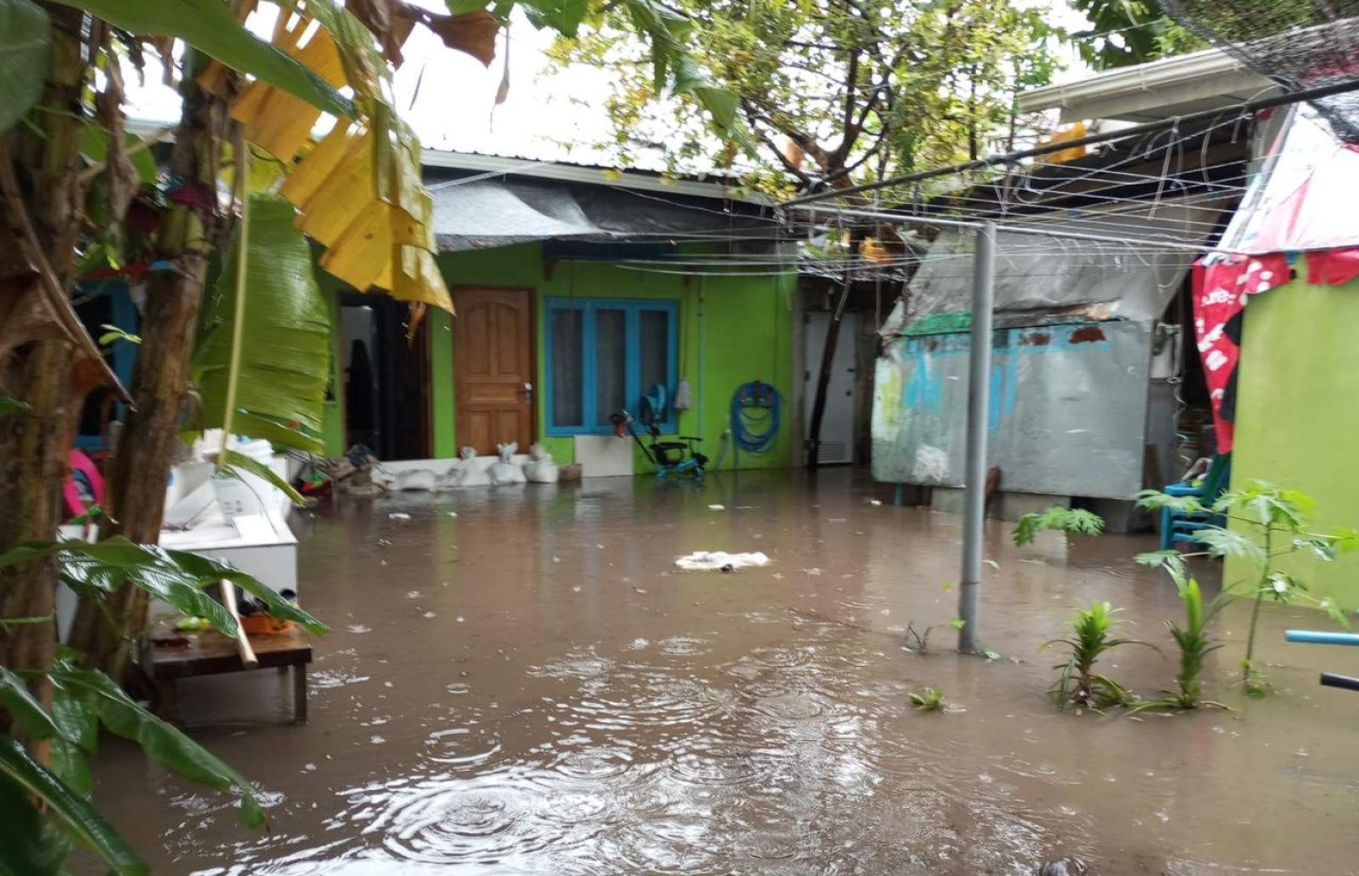 ނ. ހެނބަދޫއަށް ވެހުނު ވާރޭގައި ގެއެއްގެ ގޯތިތެތޭ ފެންބޮޑުވެފައި.-- ފޮޓޯ: އެމްއެންޑީއެފް