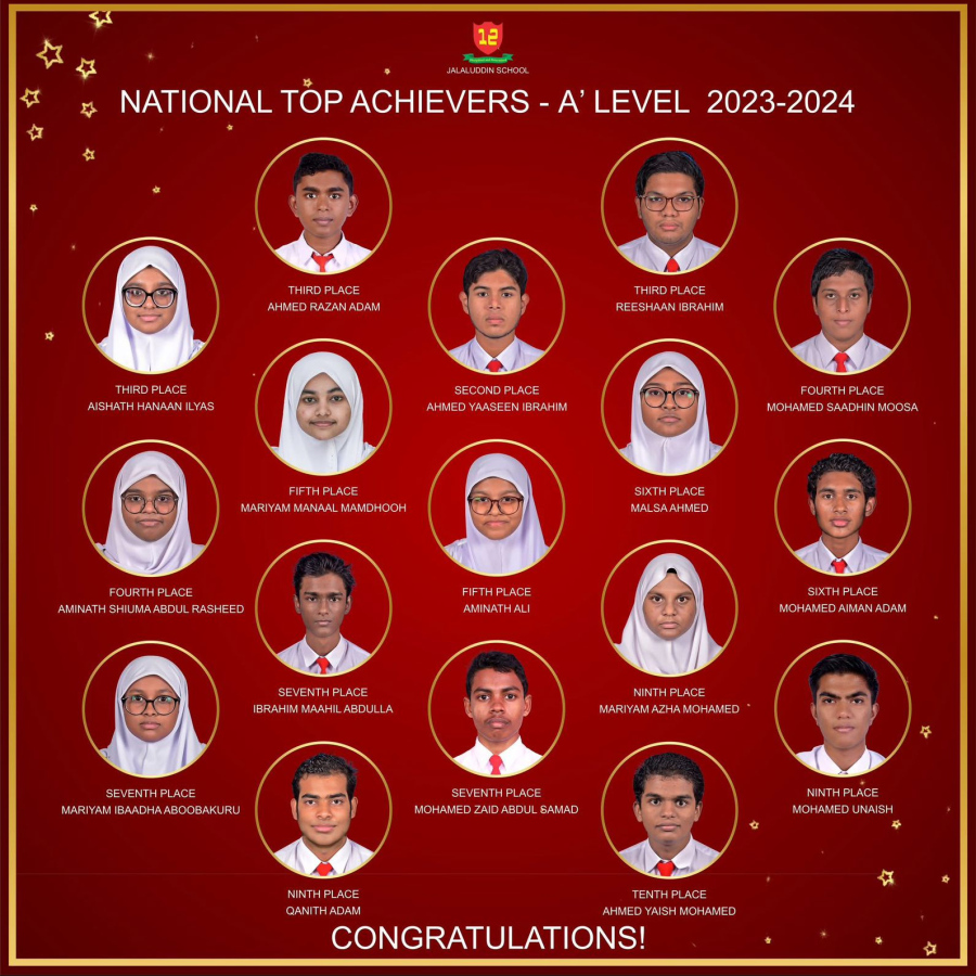 ޖަލާލުއްދީން ސްކޫލުން އޭ ލެވެލްގެ ގަދަ 10ގައި ހިމެނުނު ދަރިވަރުން.