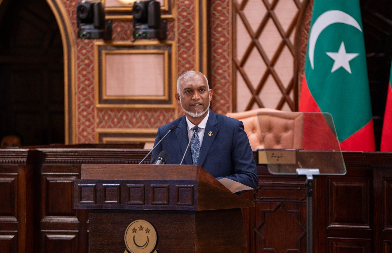 ރައީސް ޑރ. މުހައްމަދު މުއިއްޒު މި އަހަރުގެ ރިޔާސީ ބަޔާން އިއްވަވަނީ.-- ފޮޓޯ: މަޖިލިސް