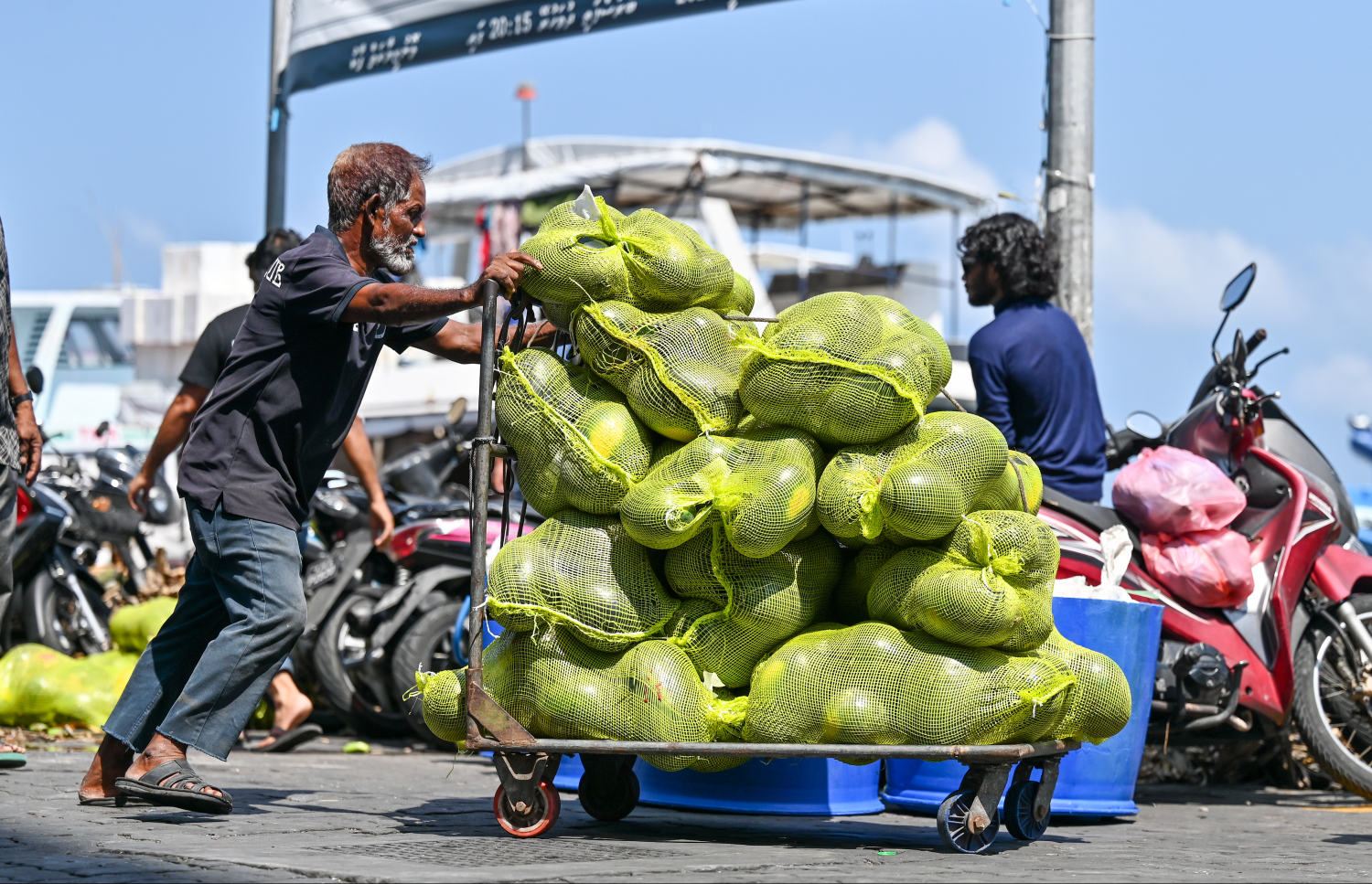 މާރުކޭޓު ސަރަހައްދުގައި މީހަކު ކަރާ ގޯނިތަކެއް ޓްރޯލީއަކަށް އަރުވައިގެން ގެންދަނީ: ކަރާ ކިލޯއެއް ލިބެން ހުރީ 25ރ. އަށް -- ފޮޓޯ: ފަޔާޒު މޫސާ | މިހާރު