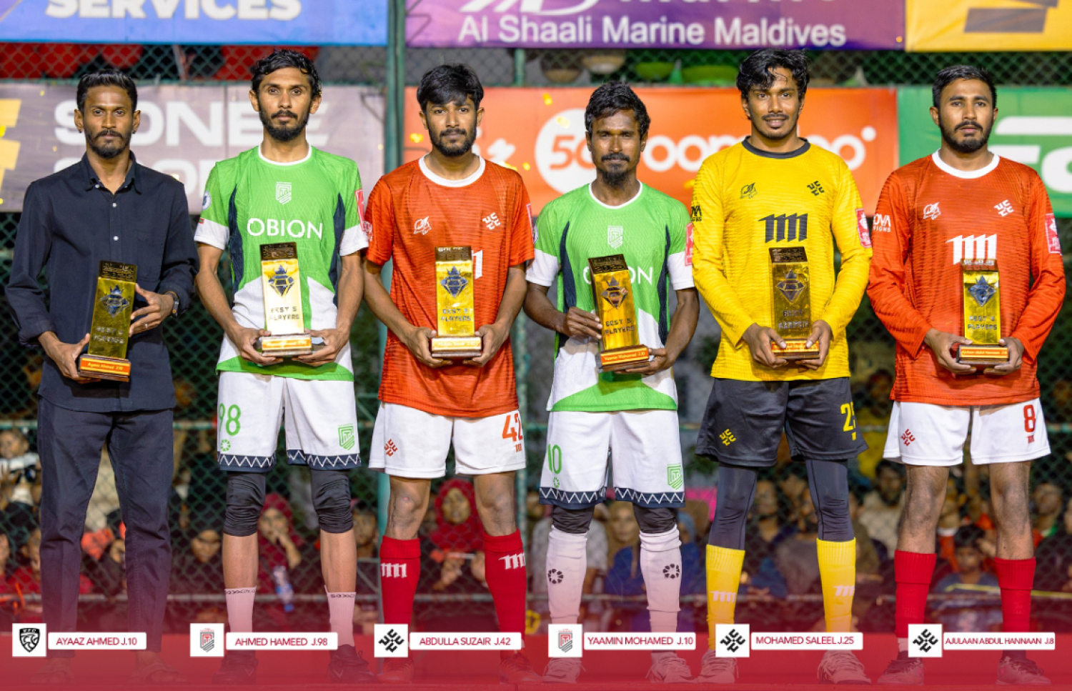 މުބާރާތުގެ ގަދަ ހަ ކުޅުންތެރިން، (ކ-ވ)؛ އަޖުލާން، ސަލީލް، ޔާމިން، ސުޒެއިރު، އަހުމަދު، އަޔާޒް. -- ފޮޓޯ: އިމޭޖަސް އެމްވީ