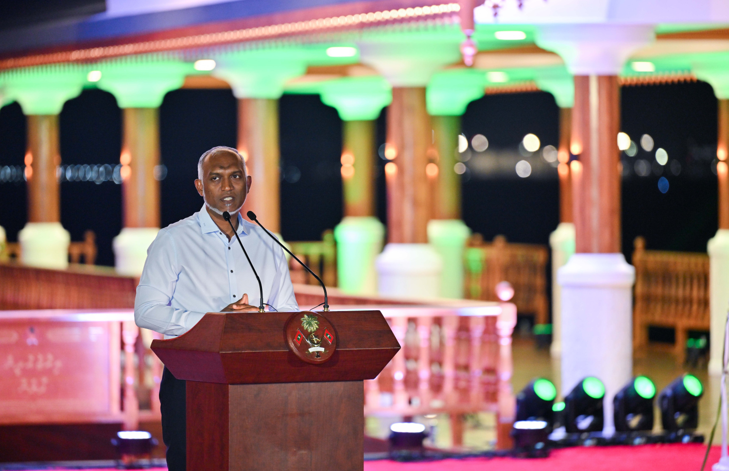 އިއްޒުއްދީން ފާލަން އާ ޑިޒައިނަށް ހެދުމަށް ފަހު، އަލުން ހުޅުވަން ބޭއްވި ރަސްމިއްޔާތުގައި ރައީސް މުއިއްޒު ވާހަކަފުޅު ދައްކަވަނީ.--- ފޮޓޯ: ރައީސް އޮފީސް