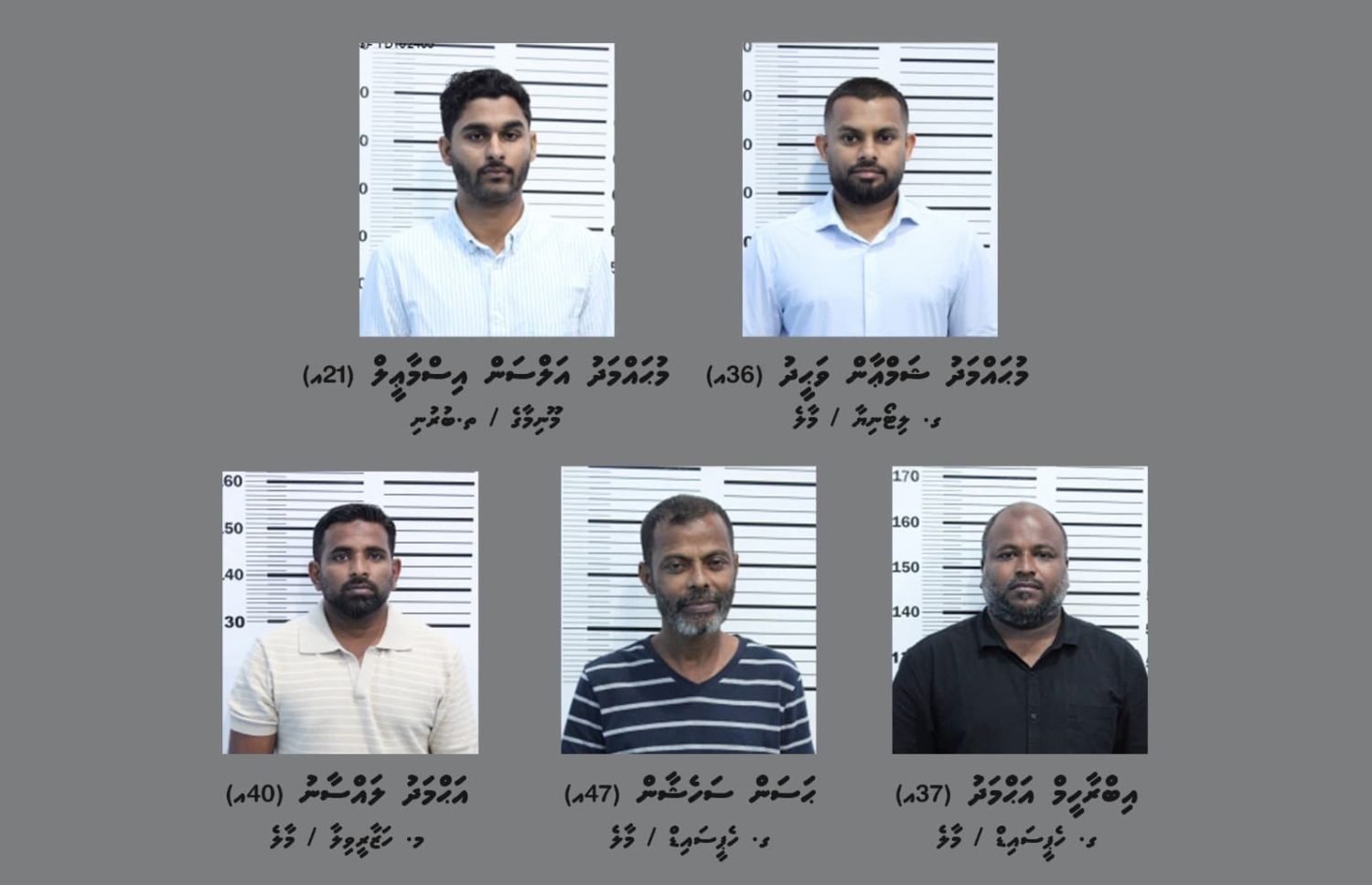 މަގާމުގެ ނުފޫޒު ބޭނުންކޮށް، ބިދޭސީންގެ އަތުން ނާޖައިޒު މަންފާ ނަފާކަމުގެ ތުހުމަތުގައި ހައްޔަރުކޮށްފައި ތިބި މީހުން.-- ފޮޓޯ: ޕޮލިސް