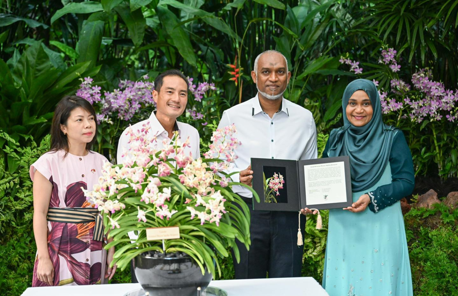 ރައީސް މުއިއްޒާއި ފަސްޓް ލޭޑީ ސާޖިދާގެ ނަމުން ނަން ދިން އޯކިޑުގަހާ އެކު އެ ދެ ކަނބަލުން މިއަދު މަޑުކޮށްލައްވައިގެން.---ފޮޓޯ: ރައީސް އޮފީސް