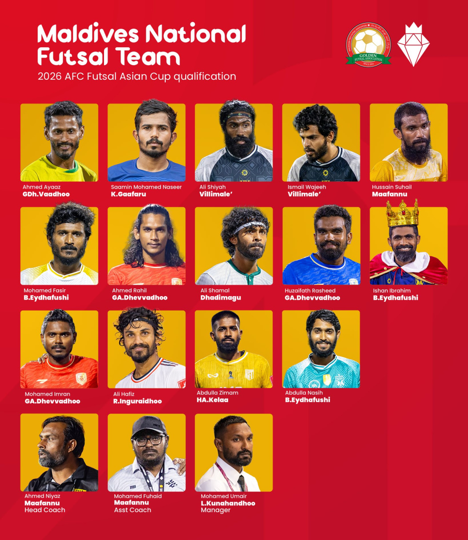 ކޮލިފައިންގައި ވާދަކުރާ ގައުމީ ފުޓްސަލް ޓީމް.-- ފޮޓޯ: ގޯލްޑަން ފުޓްސަލް އެސޯސިއޭޝަން