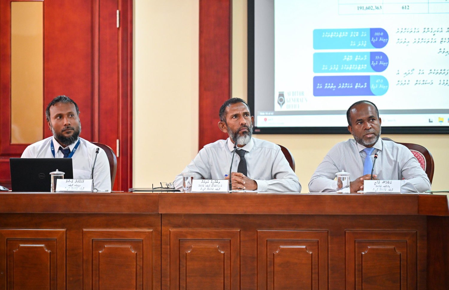 އޮޑިޓަ ޖެނެރަލްގެ އޮފީހުގެ އިސްވެރިން ރައްޔިތުންގެ މަޖިލިހުގެ މާލިއްޔަތު ކޮމިޓީ އަށް ފެނަކައިގެ ހާލަތު އިއްޔެ ވިދާޅުވެދެއްވަނީ.---ފޮޓޯ: ފަޔާޒު މޫސާ| މިހާރު