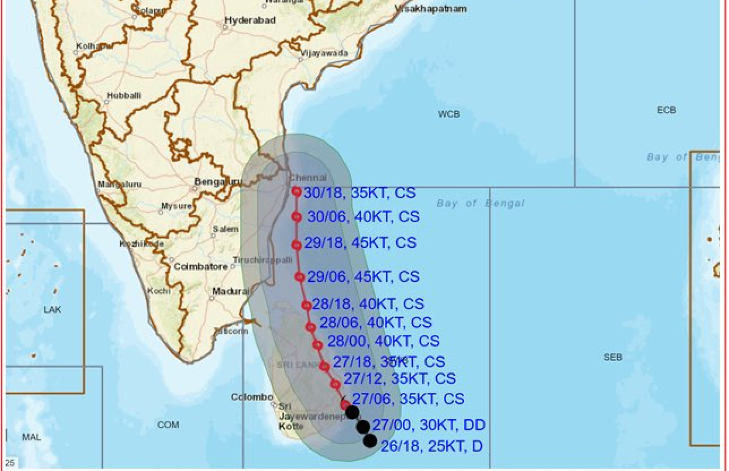 ތޫފާން "ދީތުވާ" ދަތުރުކުރާނެ ކަމަށް ބެލެވޭ މަގާއި ތޫފާނު އެކި ހިސާބުތަކަށް ފޯރާނެ ކަމަށް ބެލެވޭ ދުވަސް ދައްކައިދޭ ކުރެހުމެއް