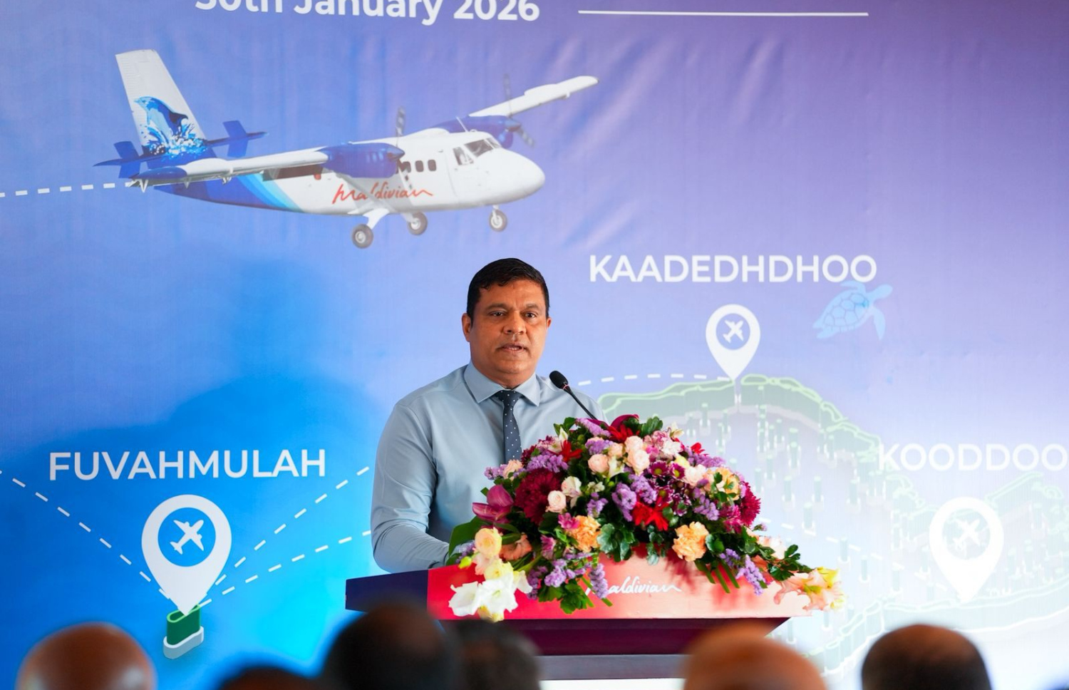 ދެކުނުގެ ހަތަރު އަތޮޅު ވައިގެ ދަތުރުން ގުޅުވާލުމުގެ ރަސްމިއްޔާތުގައި ޓްރާންސްޕޯޓް މިނިސްޓަރު މުހައްމަދު އަމީން ވާހަކަ ދައްކަވަނީ.