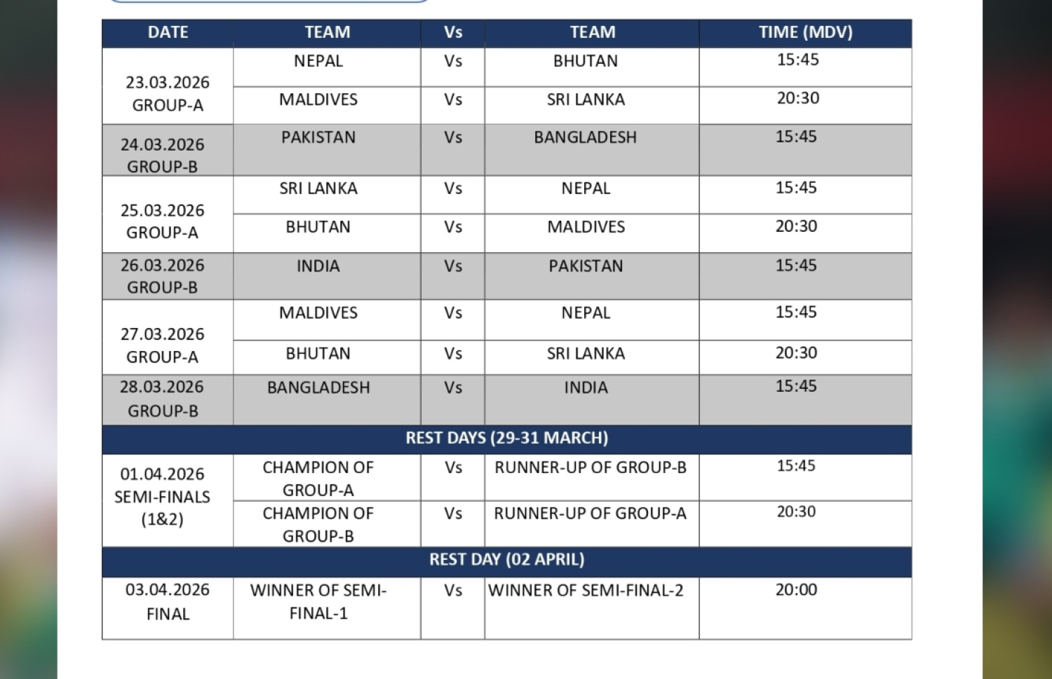 ރާއްޖޭގައި ބާއްވާ 20 އަހަރުންދަށުގެ ސާފް ޗެމްޕިއަންޝިޕް މެޗު ޝެޑިއުލް