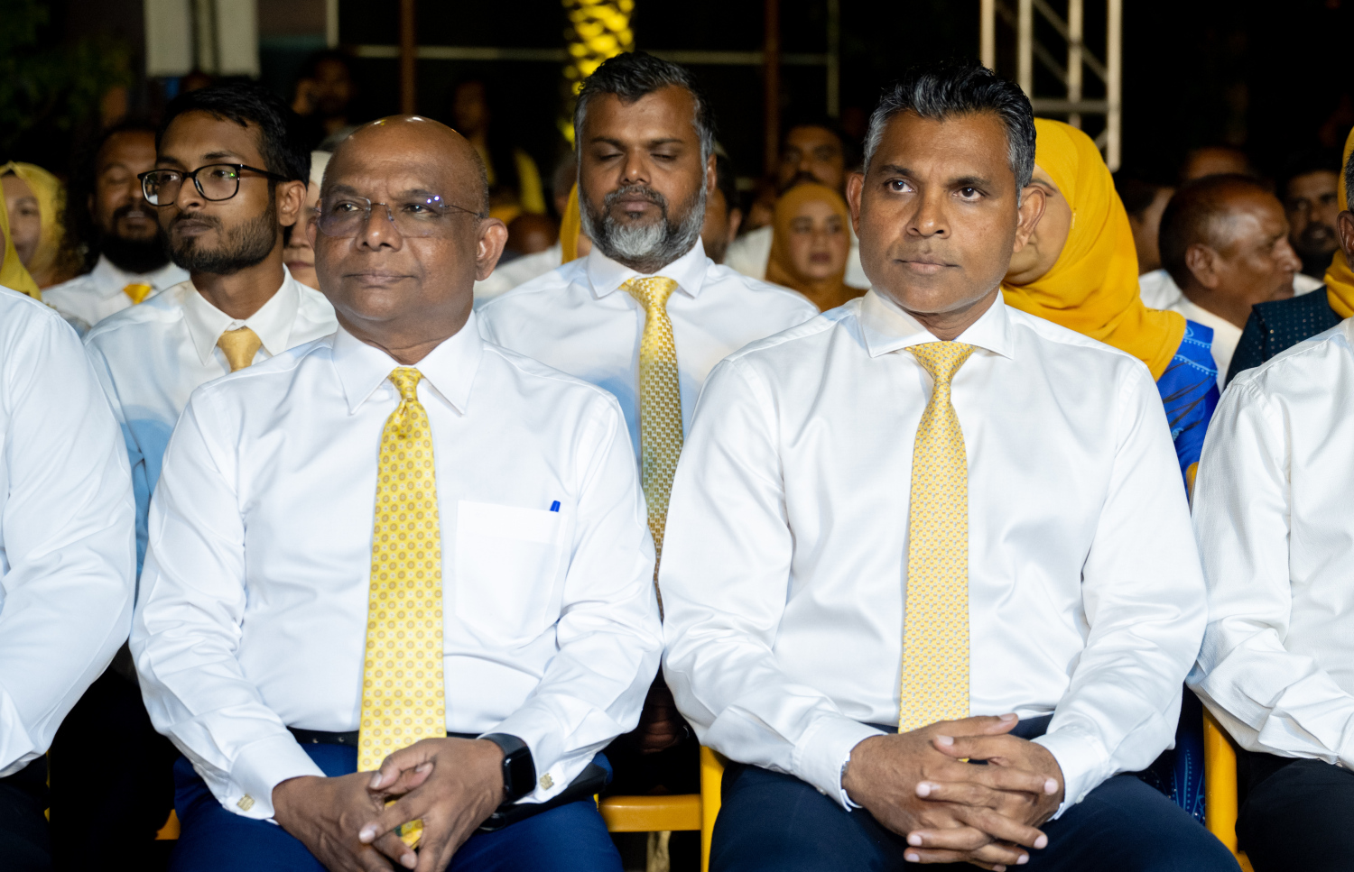 އެމްޑީޕީން ރޭ ބޭއްވި ކެމްޕެއިނު ލޯންޗުކުރުމުގެ ޖަލްސާގައި ފައިސަލް ނަސީމް އާއި އަބްދުﷲ ޝާހިދު ބައިވެރިވެވަޑައިގަންނަވަނީ.-- ފޮޓޯ: ނިޝާން އަލީ | މިހާރު