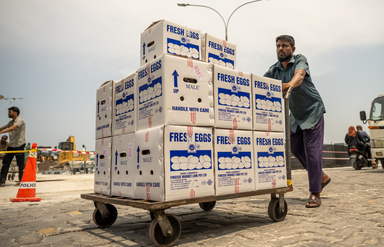 ލޯކަލް މާރުކޭޓު ކައިރިން މީހަކު ޓްރޯލީއެއްގައި ބިސް ކޭސް ތަކެއް ގެންދަނީ.-- ފޮޓޯ: ނިޝާން އަލީ | މިހާރު