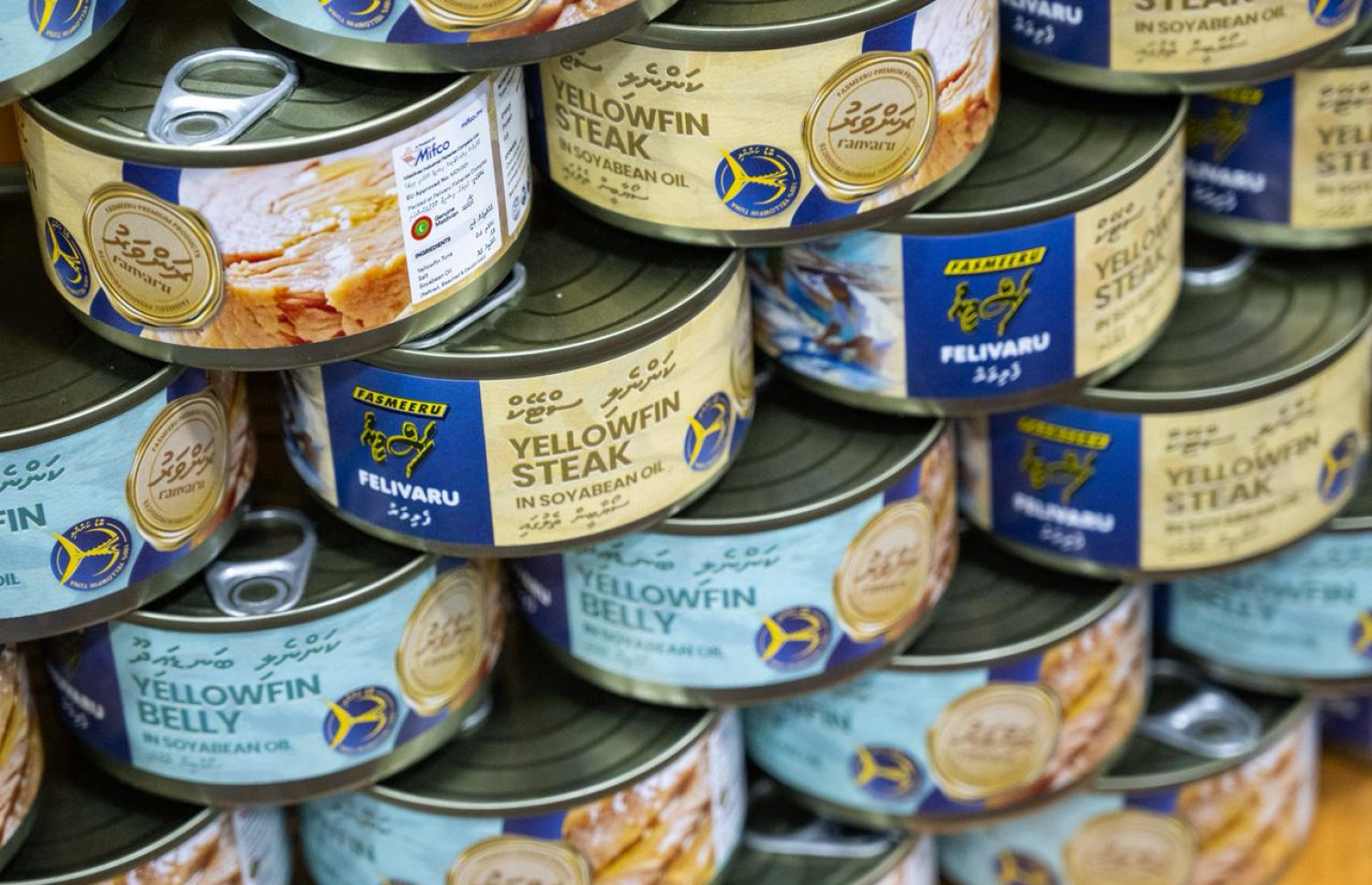 މިފްކޯގެ ޕްރިމިއަމް ބްރޭންޑުގެ ދަށުން ބާޒާރަށް ނެރުނު އާ މަސްދަޅުތައް: އޭގެ ތެރޭގައި ހިމެނެނީ ކަންނެލި ސްޓޭކް މަސްދަޅާއި ކަންނެލި ބަނޑައިދޫ މަސްދަޅު.---ފޮޓޯ: ނިޝާން އަލީ| މިހާރު