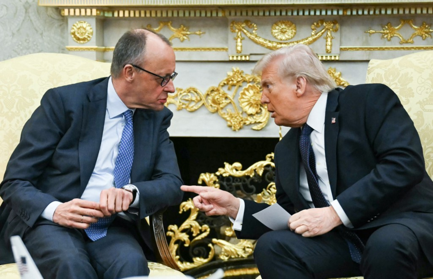 އެމެރިކާގެ ރައީސް ޑޮނަލްޑް ޓްރަމްޕު (ކ) މިއަދު ޖަރުމަނުގެ ޗާންސެލަރު ފްރީޑްރިކް މާޒްއާ އެކު ވައިޓް ހައުސްގެ އޯވަލް އޮފީހުގައި. -- ފޮޓޯ: އޭއެފްޕީ