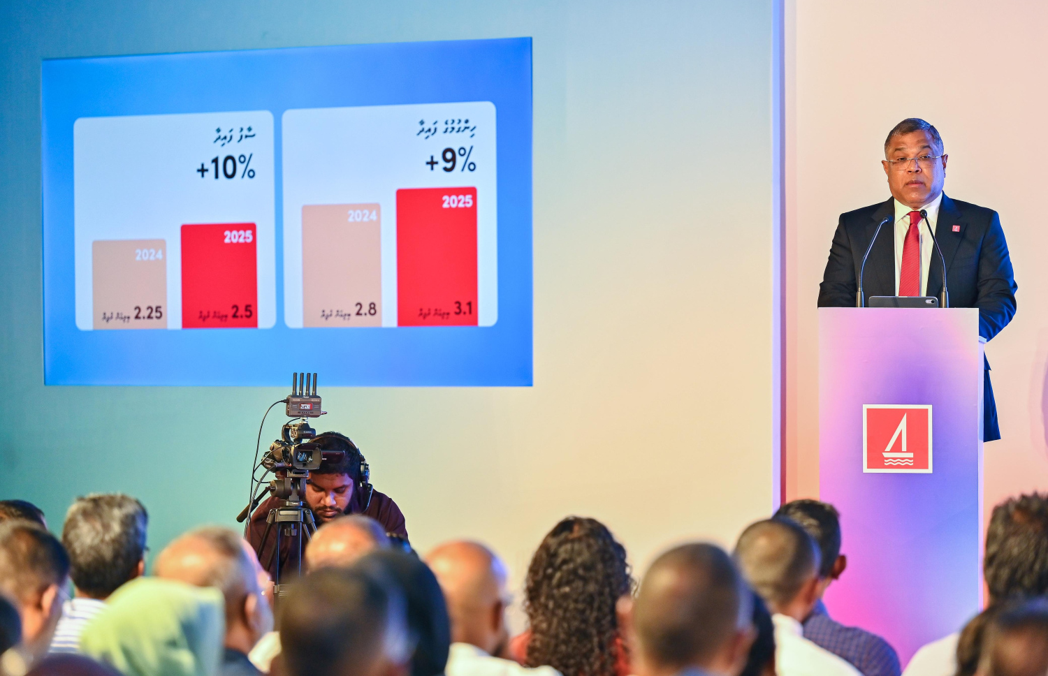 ބީއެމްއެލްގެ 43 ވަނަ އަހަރީ އާންމު ޖަލްސާގައި ބީއެމްއެލްގެ ސީއީއޯ އަދި މެނޭޖިން ޑިރެކްޓަރު މުހައްމަދު ޝަރީފް ވާހަކަ ދައްކަވަނީ --- މިހާރު ފޮޓޯ/ފަޔާޒް މޫސާ