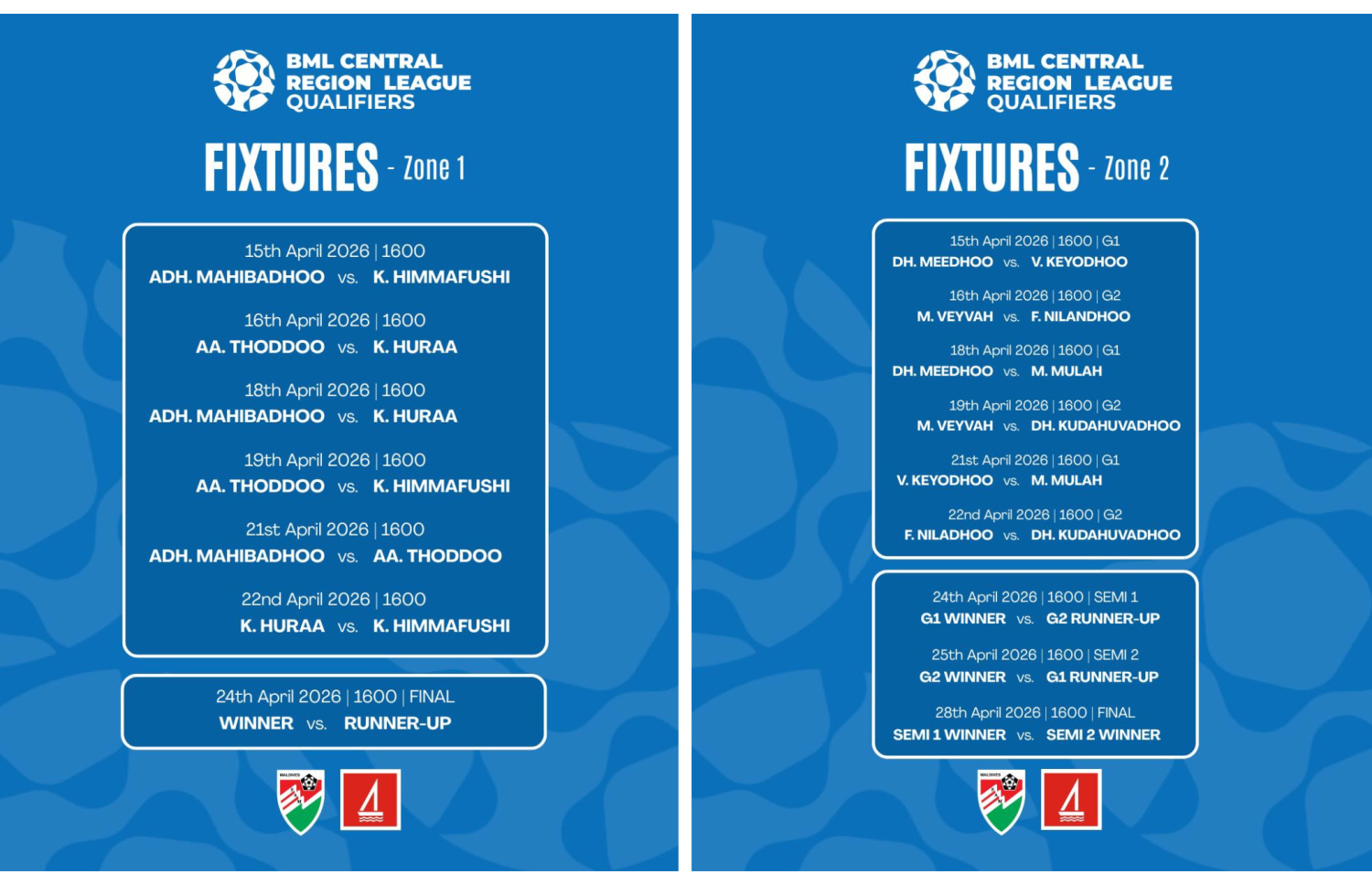 ސެންޓްރަލް ރީޖަންގެ ޒޯން 1 އަދި ޒޯން 2 ގެ ޝެޑިއުލް.--