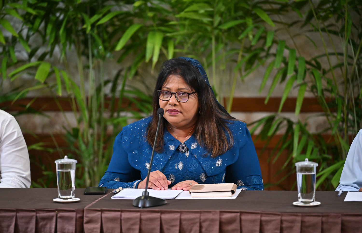 ނޫސްވެރިންގެ ބައްދަލުވުމުގައި ހެލްތު މިނިސްޓަރު ގީލާ ވާހަކަ ދައްކަވަނީ --- ފޮޓޯ/ރައީސް އޮފީސް