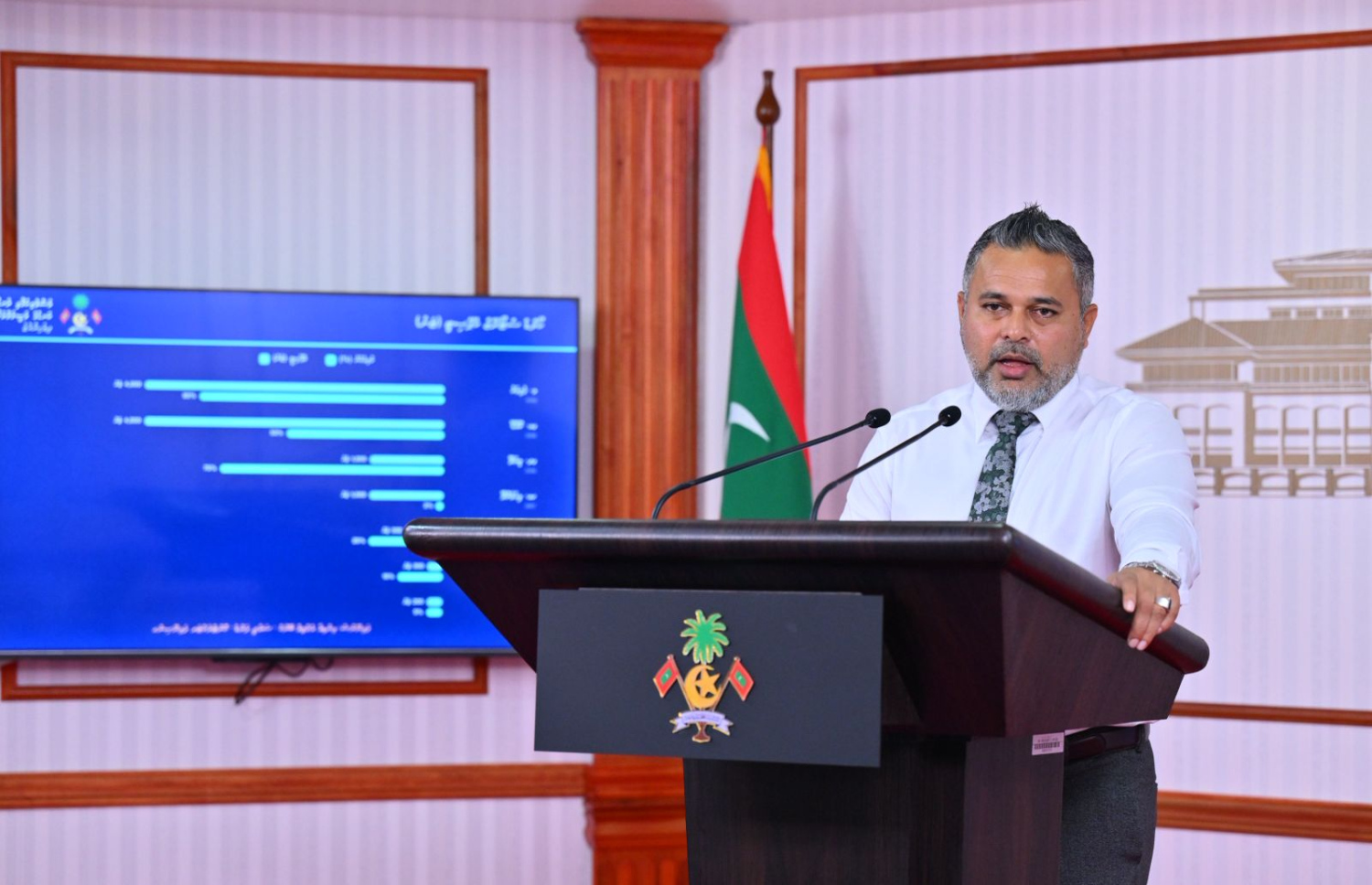 ފިޝަރީޒް، އެގްރިކަލްޗާ އެންޑް އޯޝަން ރިސޯސަސް މިނިސްޓަރު އަހުމަދު ޝިޔާމް މިއަދު ބޭއްވި ނޫސްވެރިންގެ ބައްދަލުވުމުގައި ވާހަކަ ދައްކަވަނީ-- ފޮޓޯ: ރައީސް އޮފީސް